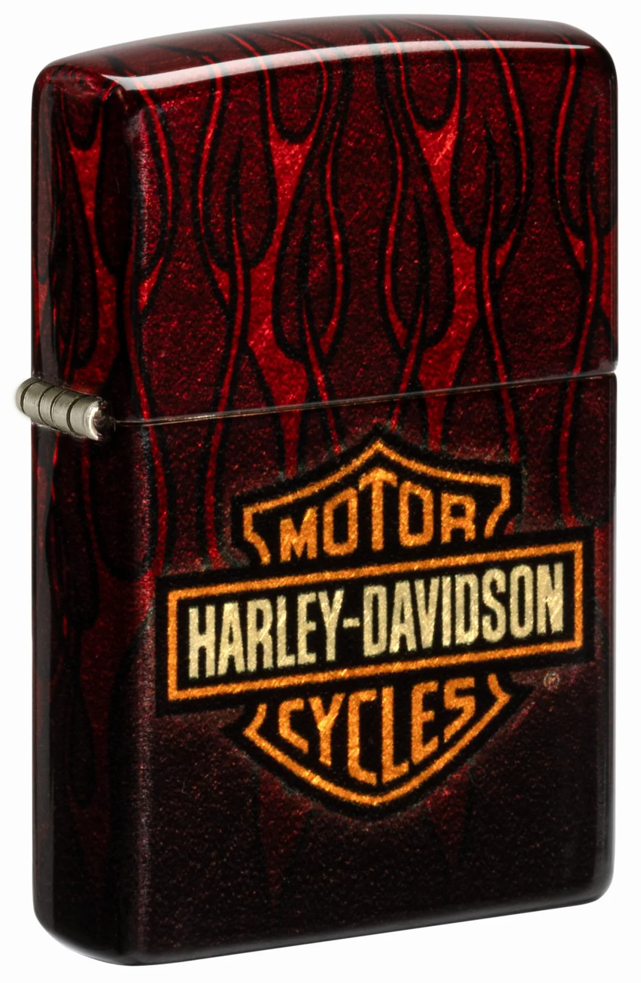 Zippo Harley-Davidson Flames Zapalniczka Sztormowa, do Napełniania, Wielokrotnego Użytku, Wiatroodporna Konstrukcja, Pudełko na Prezent, Wykonano w USA, Postarzany Mosiądz (540° Tumbled Brass)