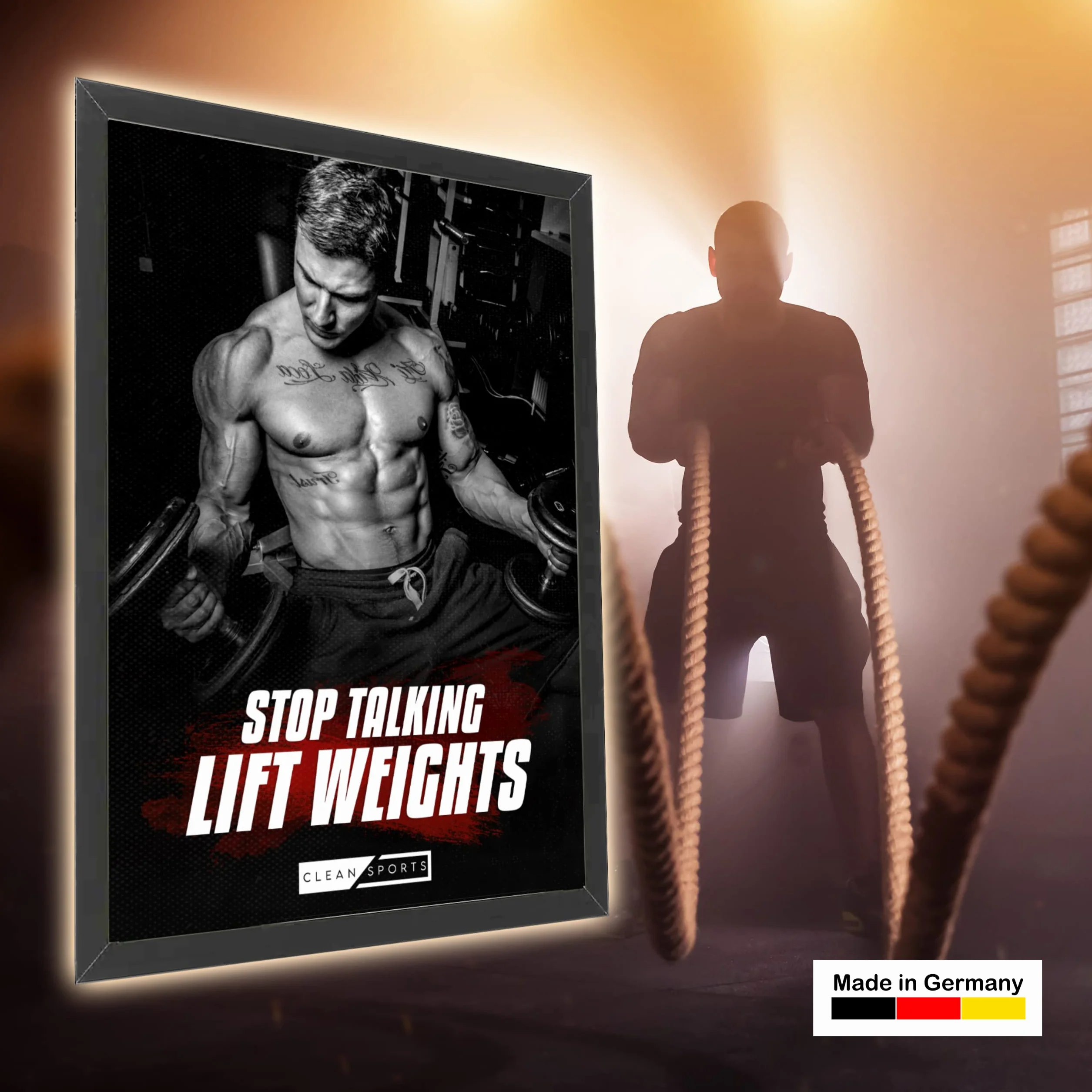 CLEAN SPORTS Plakat fitness – zestaw 4 obrazów motywacyjnych dla obrazków ciała w formacie DIN A2 – plakat treningowy do studia fitness i domu – bez ramki, idealna dekoracja do Twojej sali treningowej
