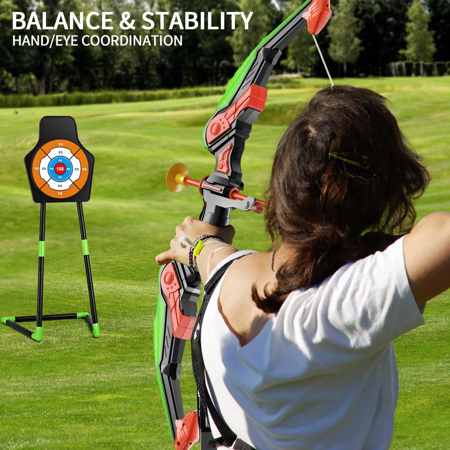 TEMI Bow and Arrow Set for Kids with LED Lights-Archery Set with 10 Suction Cup Arrows, Quivers & Standing Target, Outdoor Toys for Kids Boys & Girls Ages 3-12 Years Old