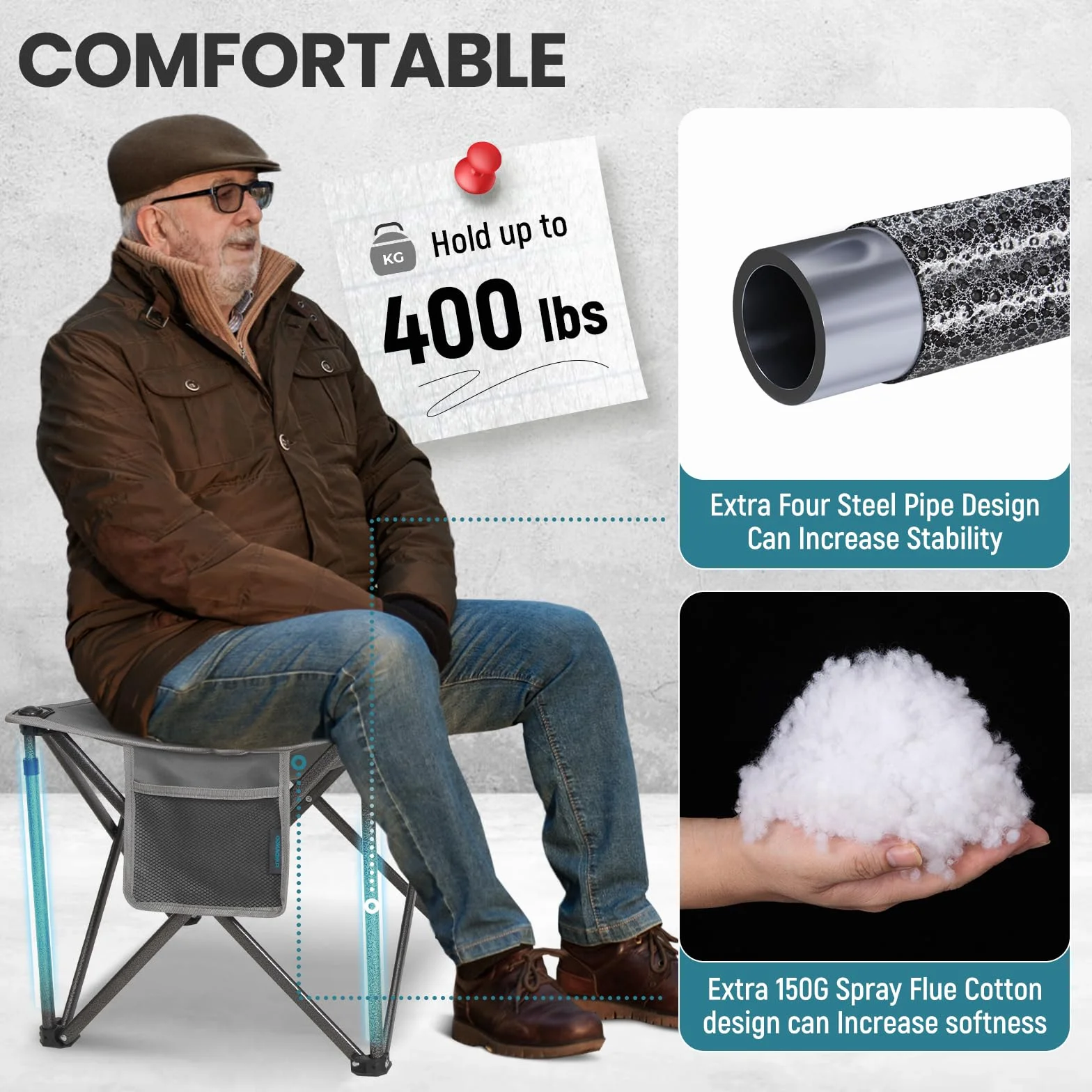 FUNDANGO Oversized składany taboret kempingowy, 46 cm, 180 kg, podnóżek z torbą do przenoszenia, składany taboret na kemping, wędrówki, wędkowanie, czarny