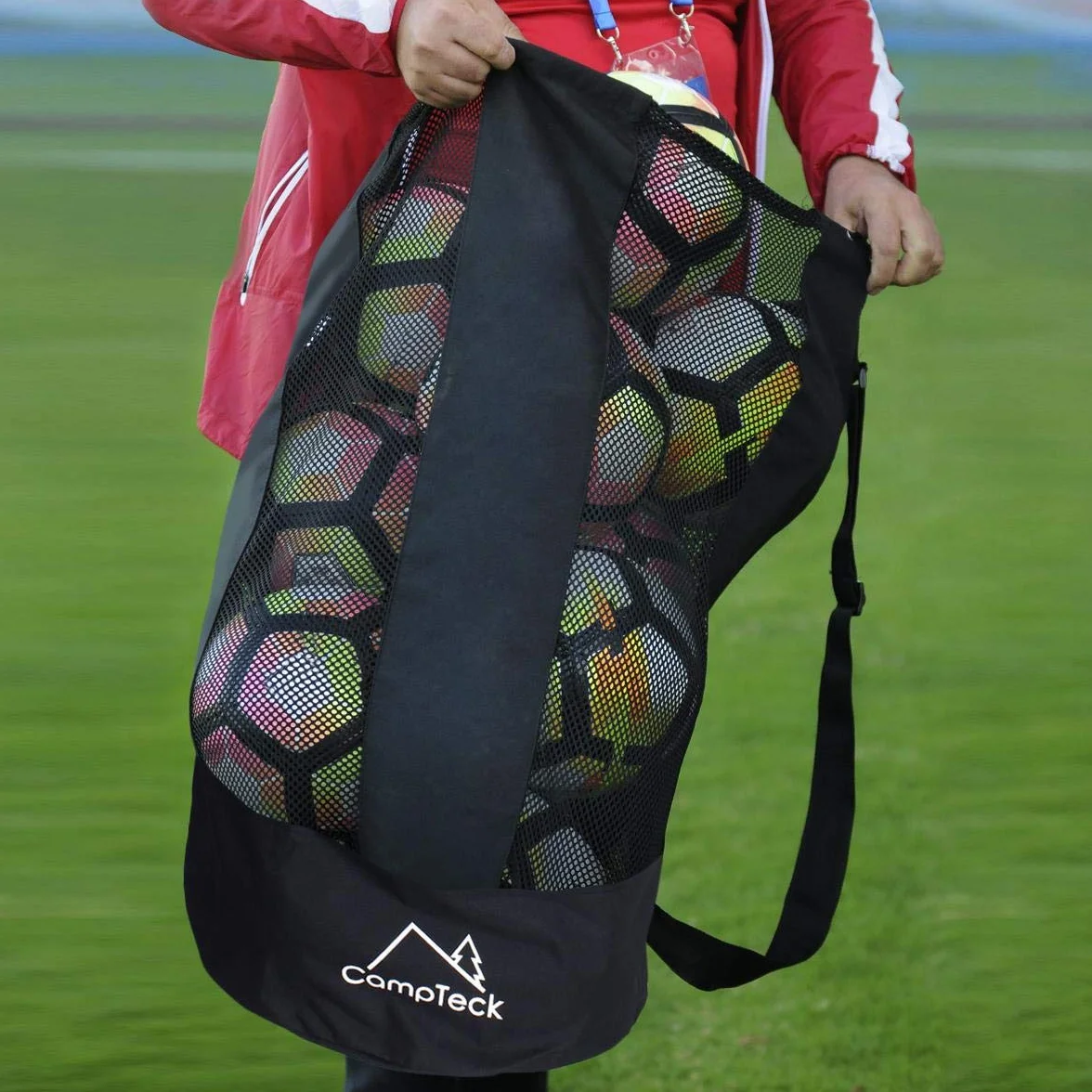 CampTeck U7081 Torba na piłkę nożną ze sznurkiem, torba siatkowa z paskiem na ramię (12-15 piłek) - czarna