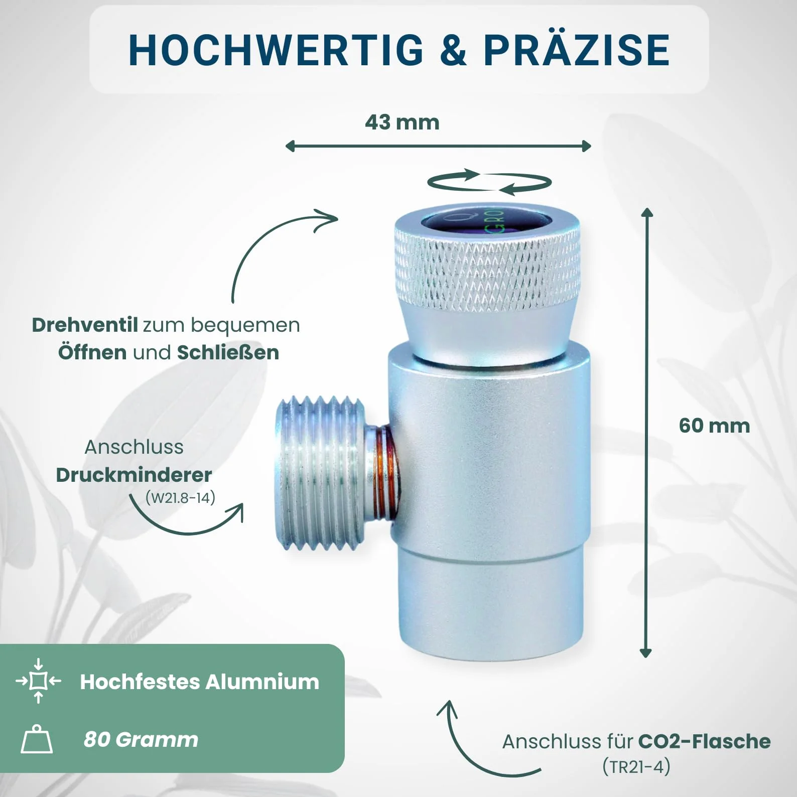 Q-Grow adapter do akwarium CO2 – adapter do butelek W21.8 do TR21-4 do jednorazowych cylindrów sodowych CO2 | montaż 30 sekund | wytrzymałe aluminium | nieprzeciekające zasilanie CO2 wraz z instrukcją