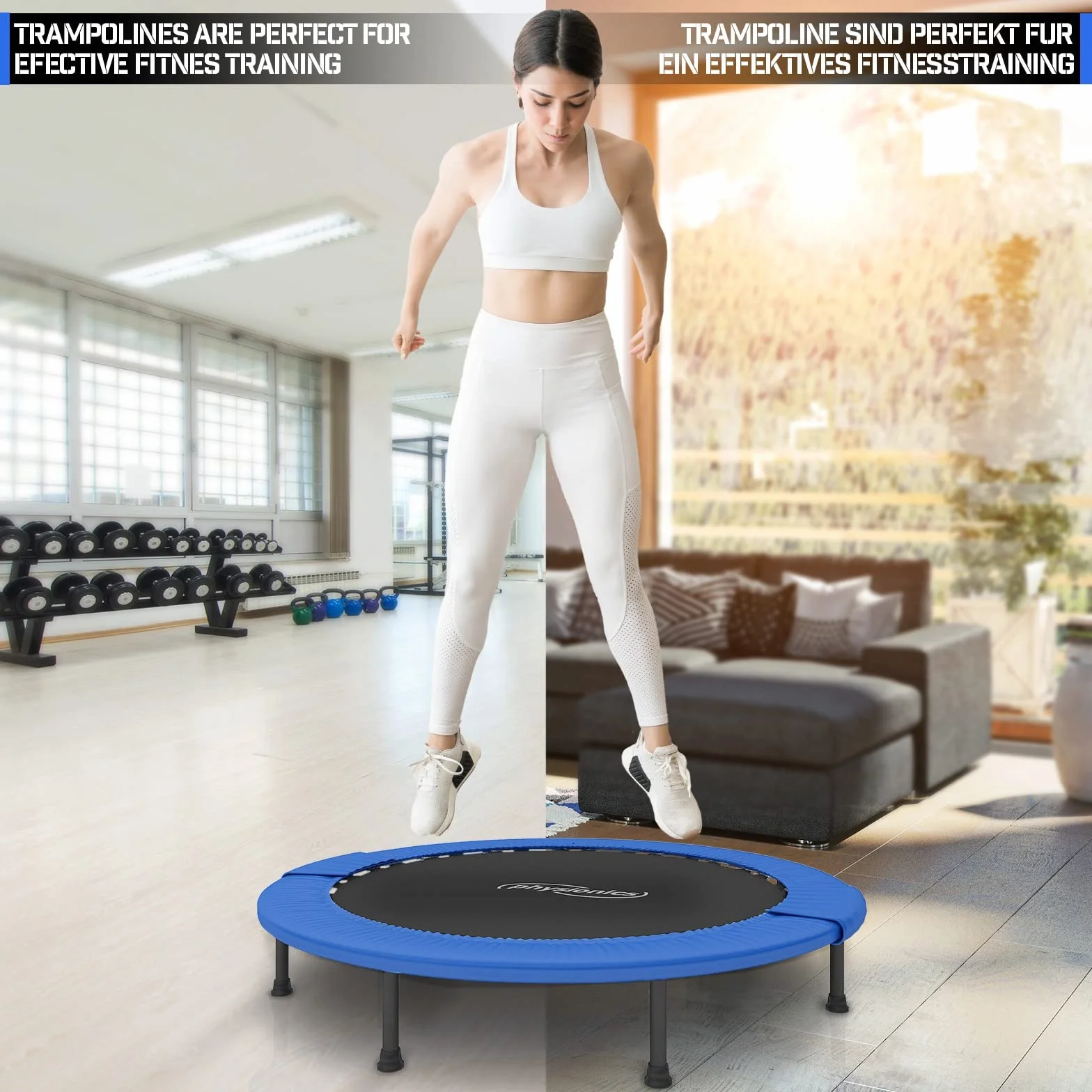 Physionics Elastyczna trampolina - średnica do wyboru (Ø 81, 91, 96, 102, 114, 122 cm), antypoślizgowe nóżki, do wewnątrz i na zewnątrz, mini trampolina, mata fitness, do skakania