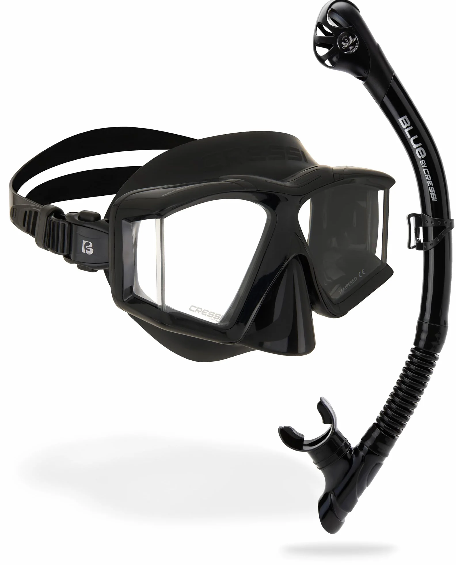 CRESSI Horizion+Scilla Combo czarny/czarny - zestaw combo, maska Horizon, 4 oddzielne okulary hartowane i system zaworów suchych, fajka do nurkowania i snorkelingu, czarny/czarny