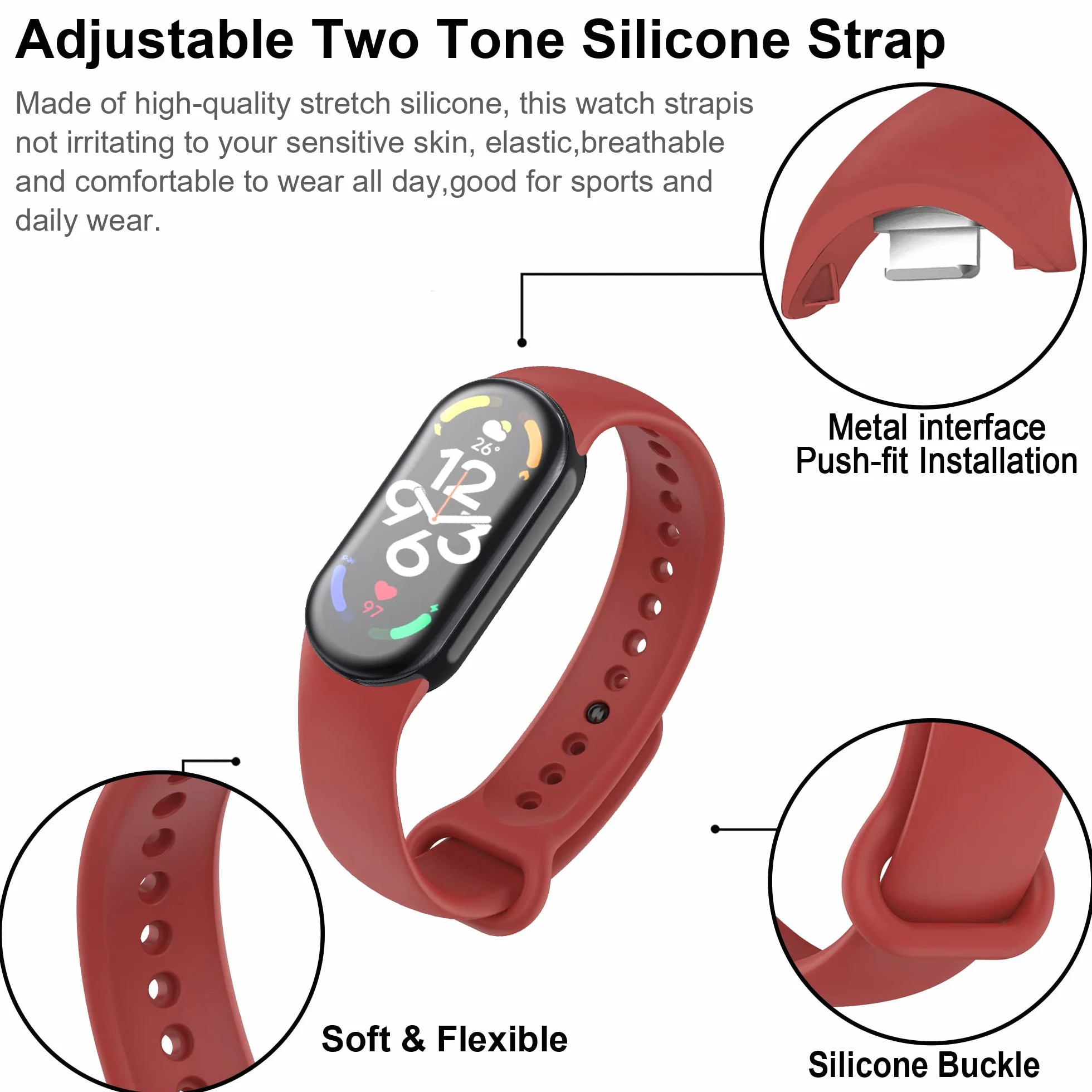 Pasek kompatybilny z zegarkiem Xiaomi Mi Band 8, silikonowe paski zastępcze, regulowane paski do smartwatcha Xiaomi Band 8, akcesoria do smartwatcha (czarny + czerwony), Silikon, Bez kamieni