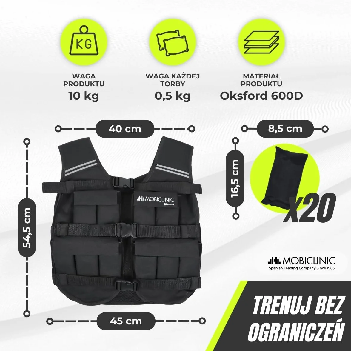 Mobiclinic Kamizelka z Obciążeniem 10/20 Kg Regulowana Materiał 600D Oxford Odblaskowe Paski Oddychająca do Treningu Fitness