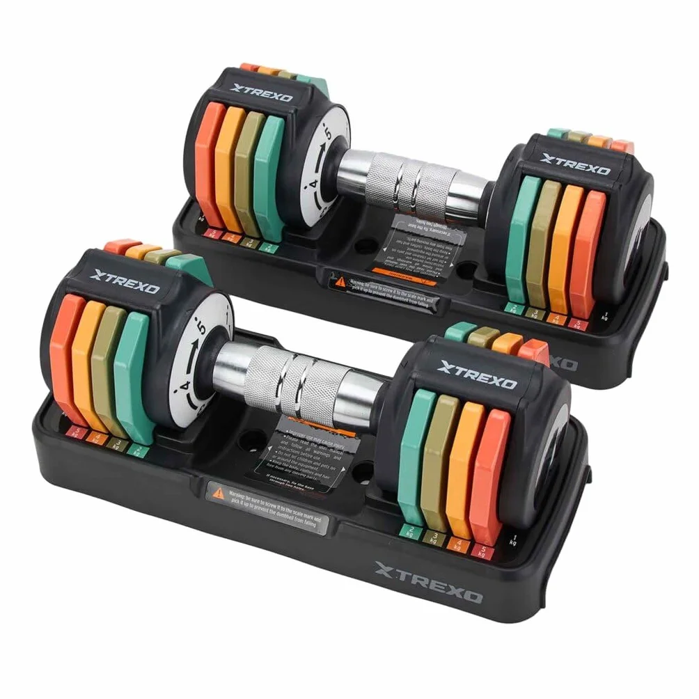 TREXO Multicolor zestaw hantli 2 x 5 kg ze stali z antypoślizgowym uchwytem, idealne do treningu siłowego w domu i na siłowni, regulowane hantle ze stabilną podstawą