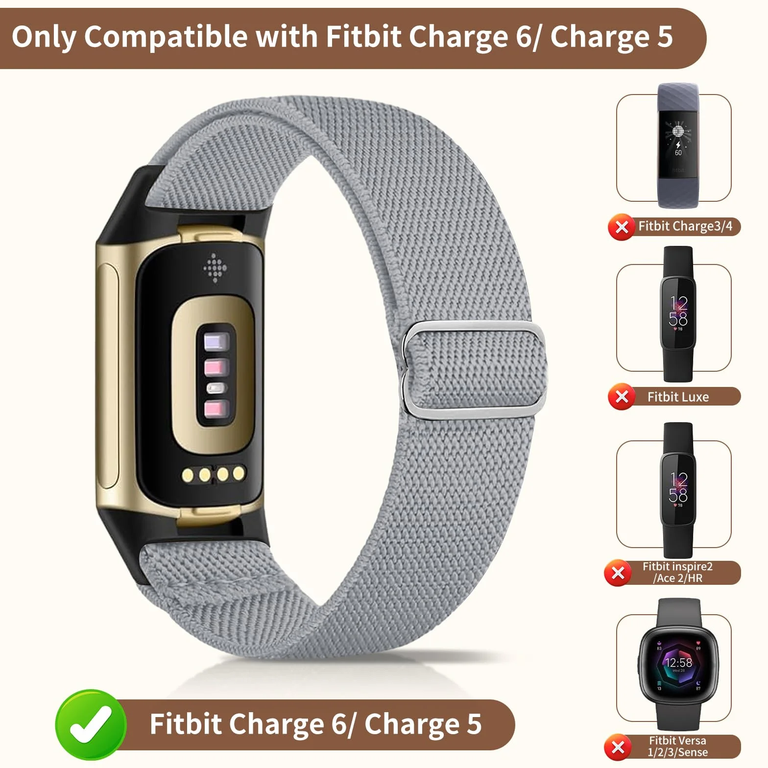 chinbersky Elastyczna bransoletka kompatybilna z Fitbit Charge 6 / Fitbit Charge 5, regulowana tkanina nylonowa, rozciągliwa, oddychająca, sportowa bransoletka do Fitbit Charge 6/Charge 5, dla kobiet