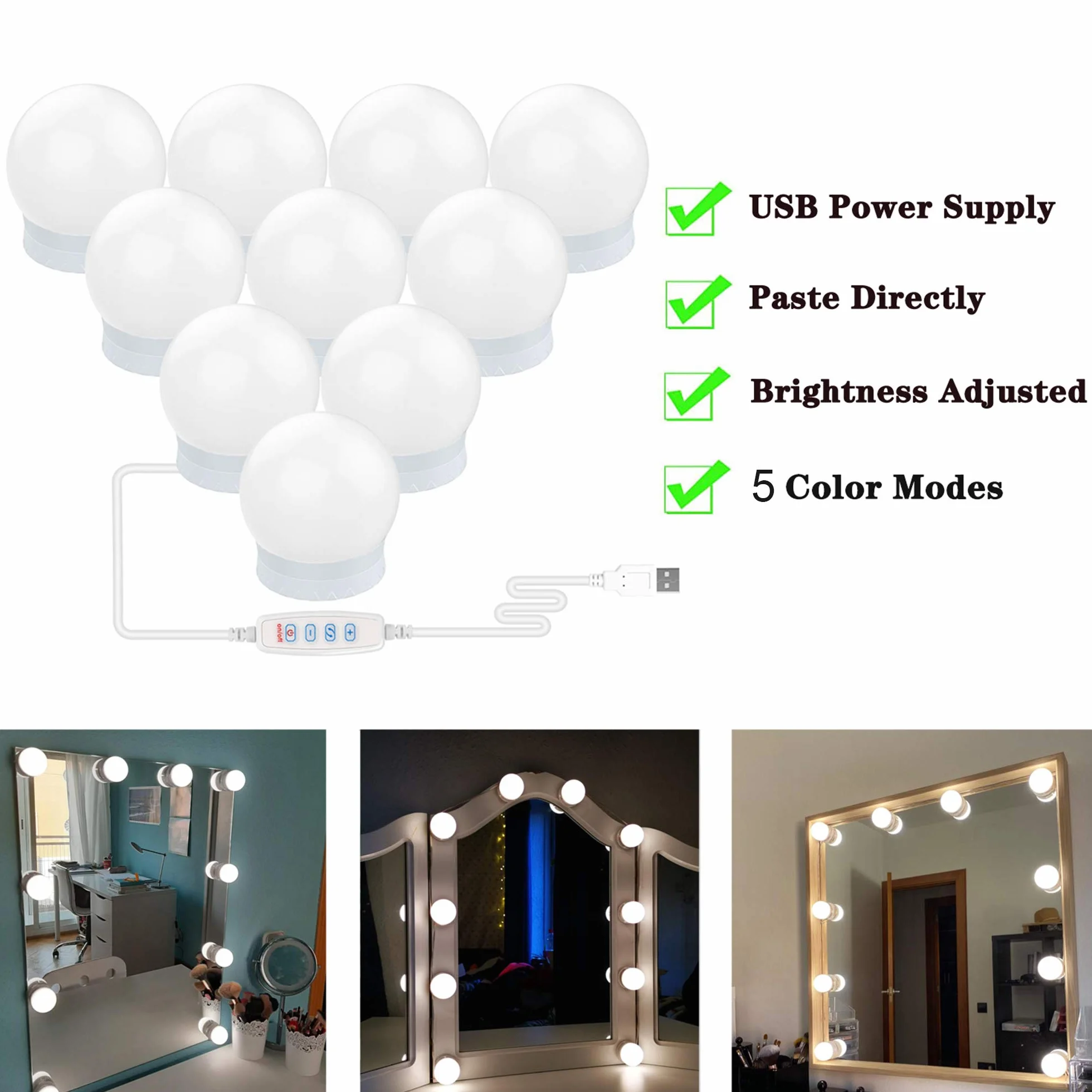 Sylvwin Vanity Mirror Lights z 10 ściemnianymi żarówkami LED, zestaw świateł lustrzanych Hollywood z 5 trybami kolorów i 5 jasnościami