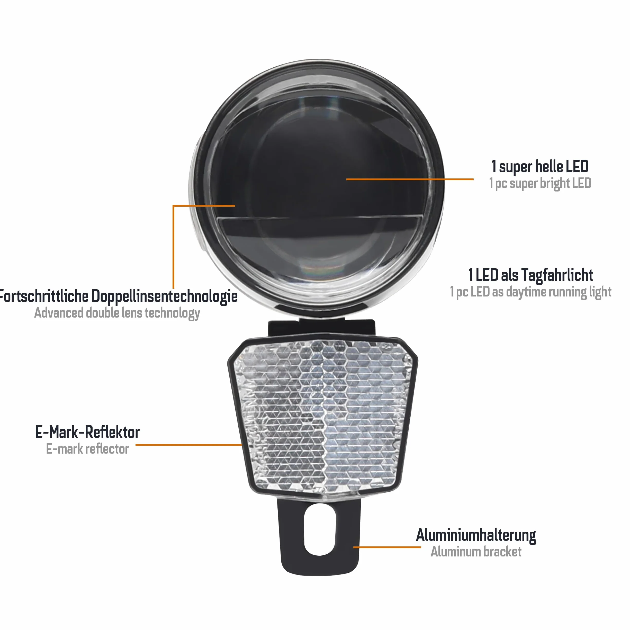 ADDVIEW Światło rowerowe 80 Lux Nova M80 – dynamo przednie światło ze światłem do jazdy dziennej, światło postojowe, aluminiowa obudowa, dopuszczone do ruchu drogowego (obowiązują przepisy lokalne