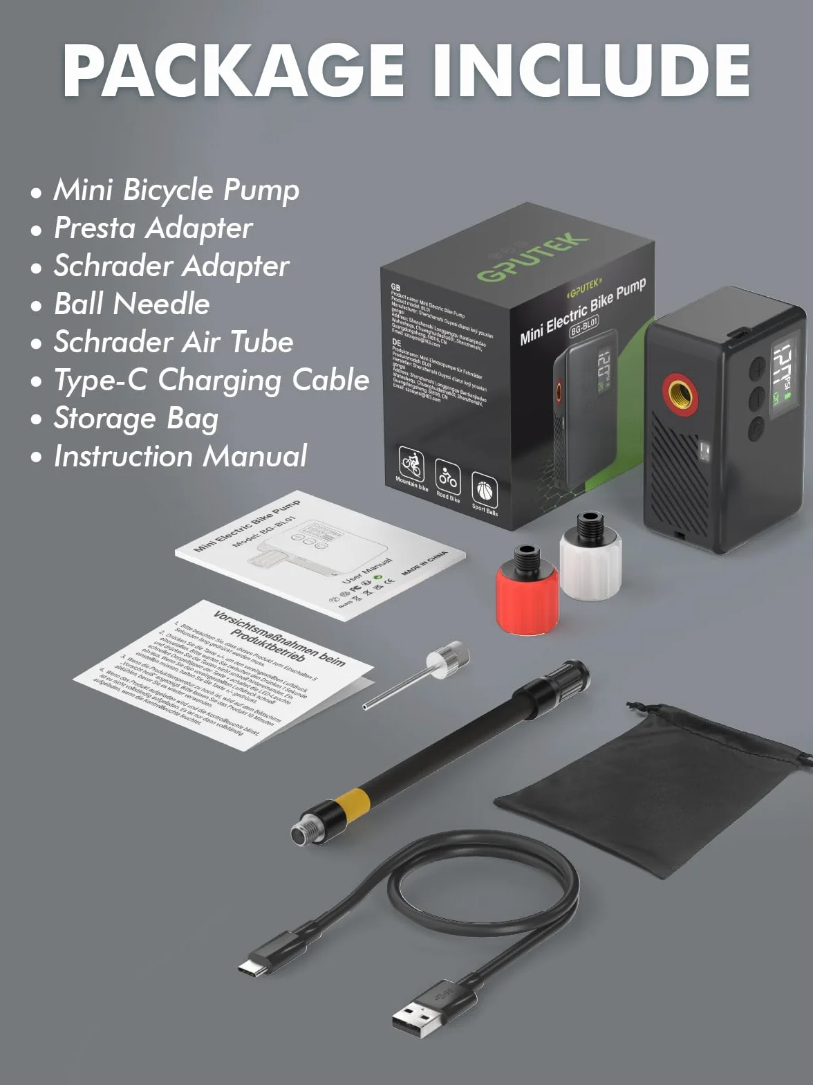 GPUTEK Elektryczna pompka rowerowa, akcesoria rowerowe, 120 psi, bezprzewodowa pompka rowerowa z manometrem, automatyczne wyłączanie i światło LED, do rowerów elektrycznych, rowerów górskich