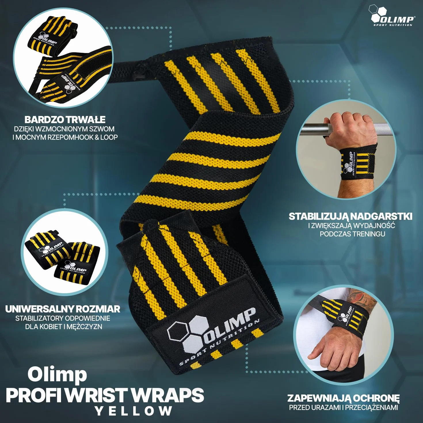 Olimp Stabilizatory nadgarstków - Wsparcie nadgarstka dla kobiet i mężczyzn - Sport Fitness Crossfit - Profi Wrist Wraps Yellow