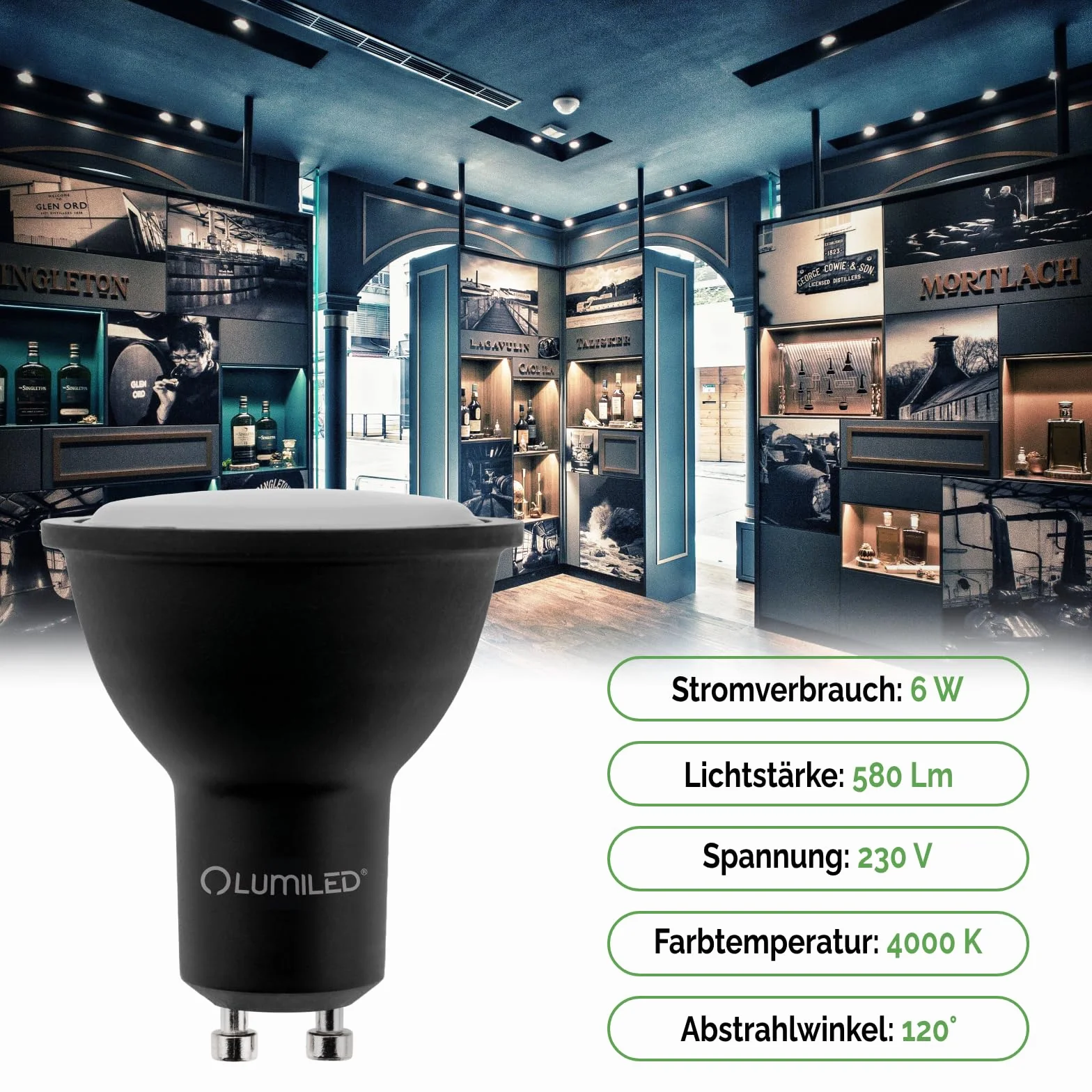 LUMILED Żarówka LED GU10 Reflektor PAR16 6W 580lm 4000K 120° Czarna