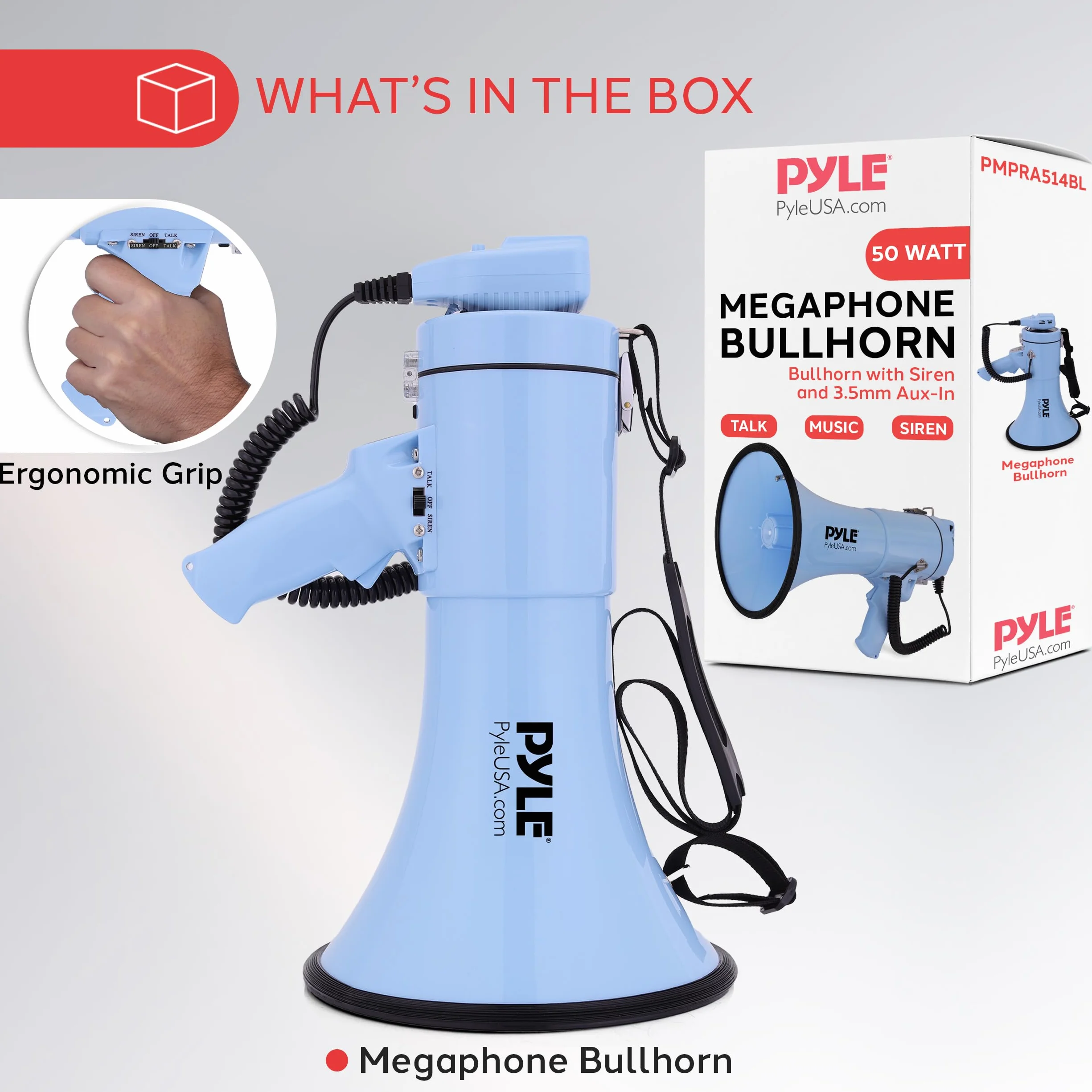 Pyle 50W Megaphone Bullhorn - Portable, Automatic Siren & Adjustable Volume,Projection Range Up to 1200 Square Yards, Aux Input, Talk, Siren, Music, Whistle, & Record, Shoulder Strap (Blue)