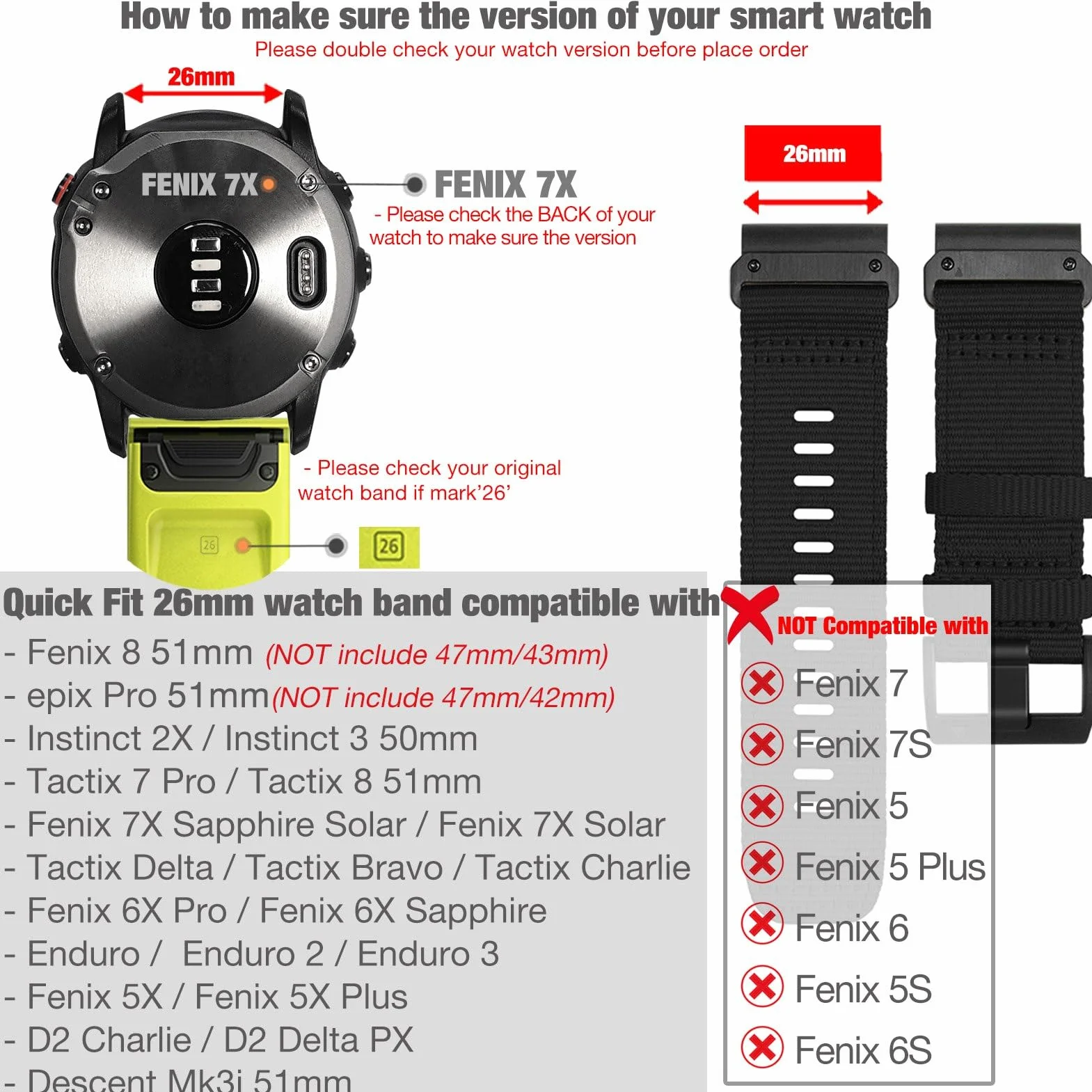 YOOSIDE Wytrzymały nylonowy pasek do zegarka Garmin Fenix 7X / Fenix 6X / Fenix 5X / Enduro, szybkie dopasowanie, 26 mm, regulowany, tkany, nylonowy, sportowa opaska na nadgarstek z zapięciem ze stali