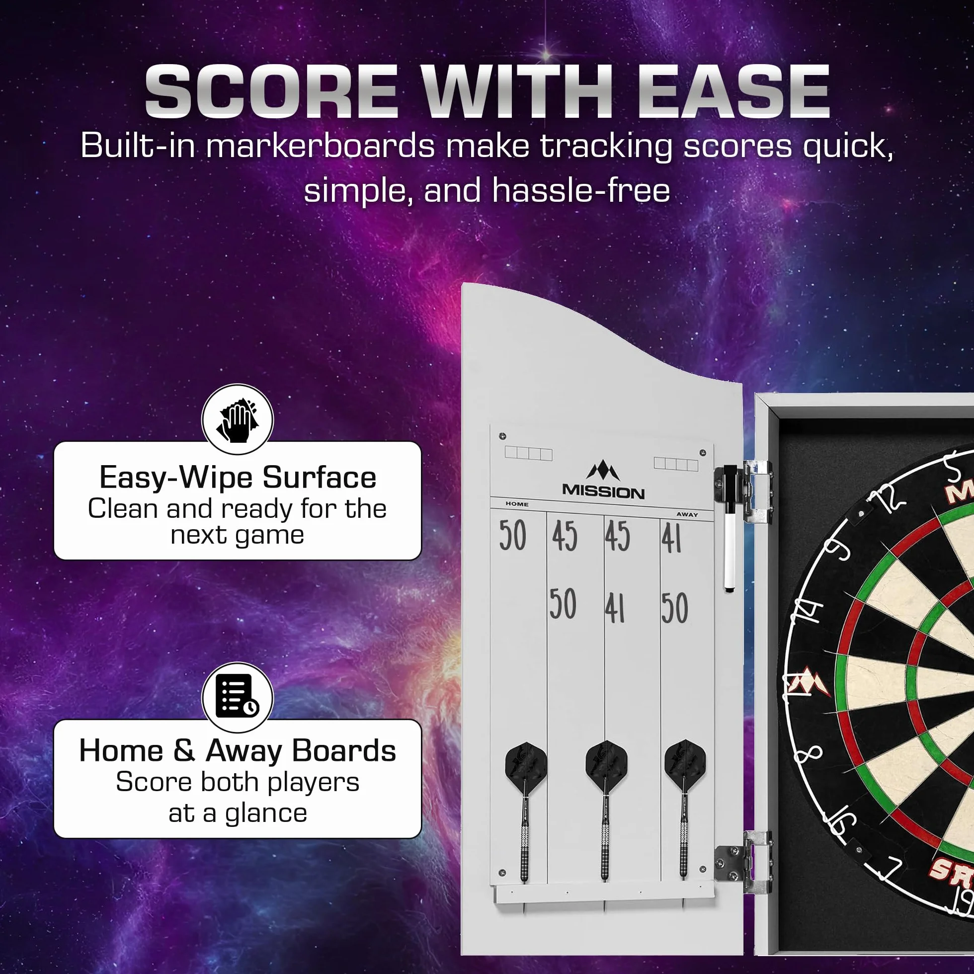 Mission Darts CAB011 | Deluxe wytrzymała szafka do darta z tablicami markerowymi, biała