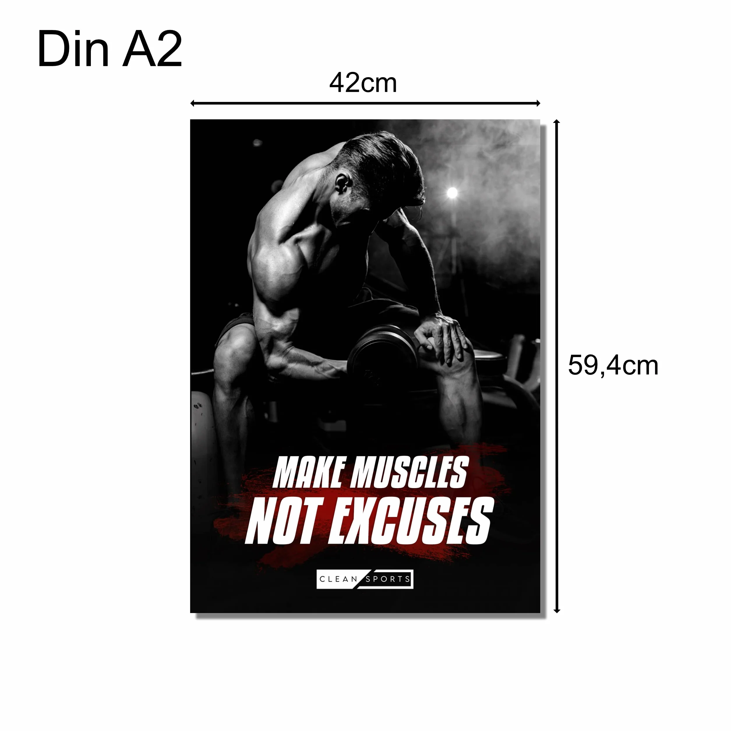 CLEAN SPORTS Plakat fitness – zestaw 4 obrazów motywacyjnych dla obrazków ciała w formacie DIN A2 – plakat treningowy do studia fitness i domu – bez ramki, idealna dekoracja do Twojej sali treningowej