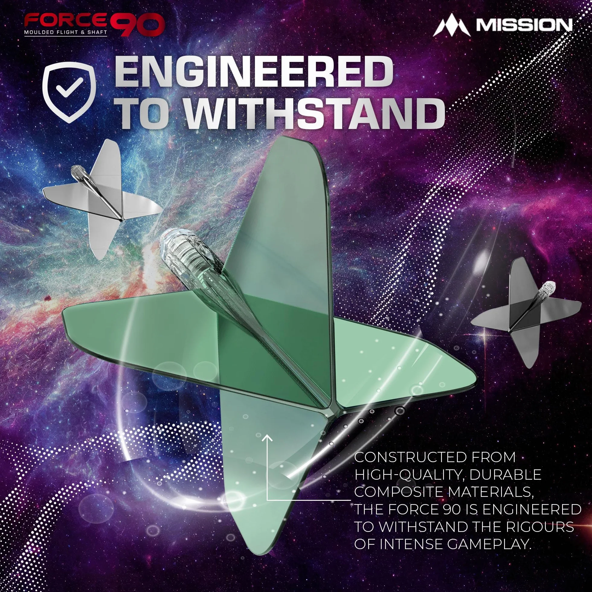 Mission Darts Force 90 | Zintegrowany precyzyjnie formowany system lotu i wałka do rzutek, 3 sztuki, profesjonalne, wysoce trwałe, kombinowane loty i łodygi 2 w 1, standard nr 6