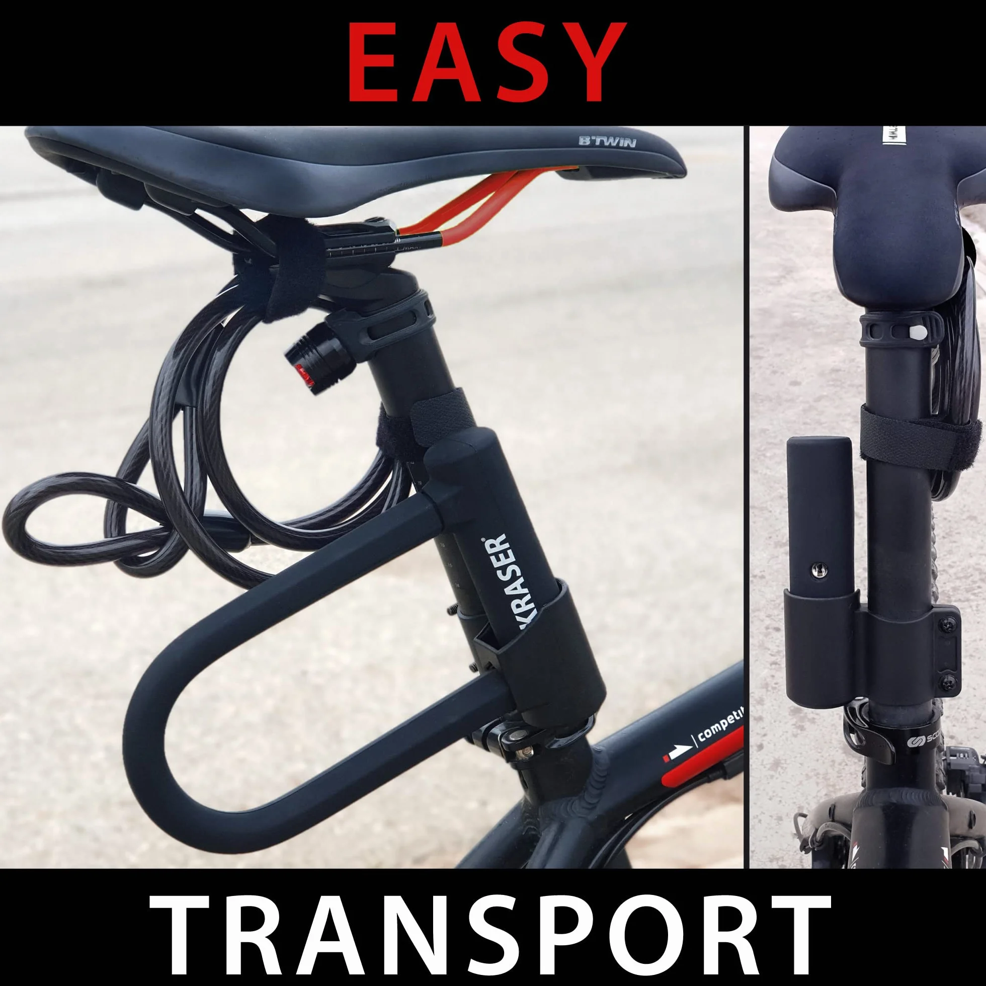 KRASER KR65145B Zapięcie Rowerowe Universalny Rower U-lock Blokada + Metalowa Elastyczne Kablowa 120cm + Uchwytem Montażowym