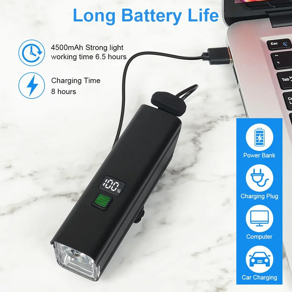 Ainiv oświetlenie rowerowe, oświetlenie rowerowe o dużej mocy, przednie oświetlenie rowerowe ładowane przez USB z wyświetlaczem cyfrowym, wodoodporna lampa rowerowa do rowerów szosowych, MTB, do jazdy