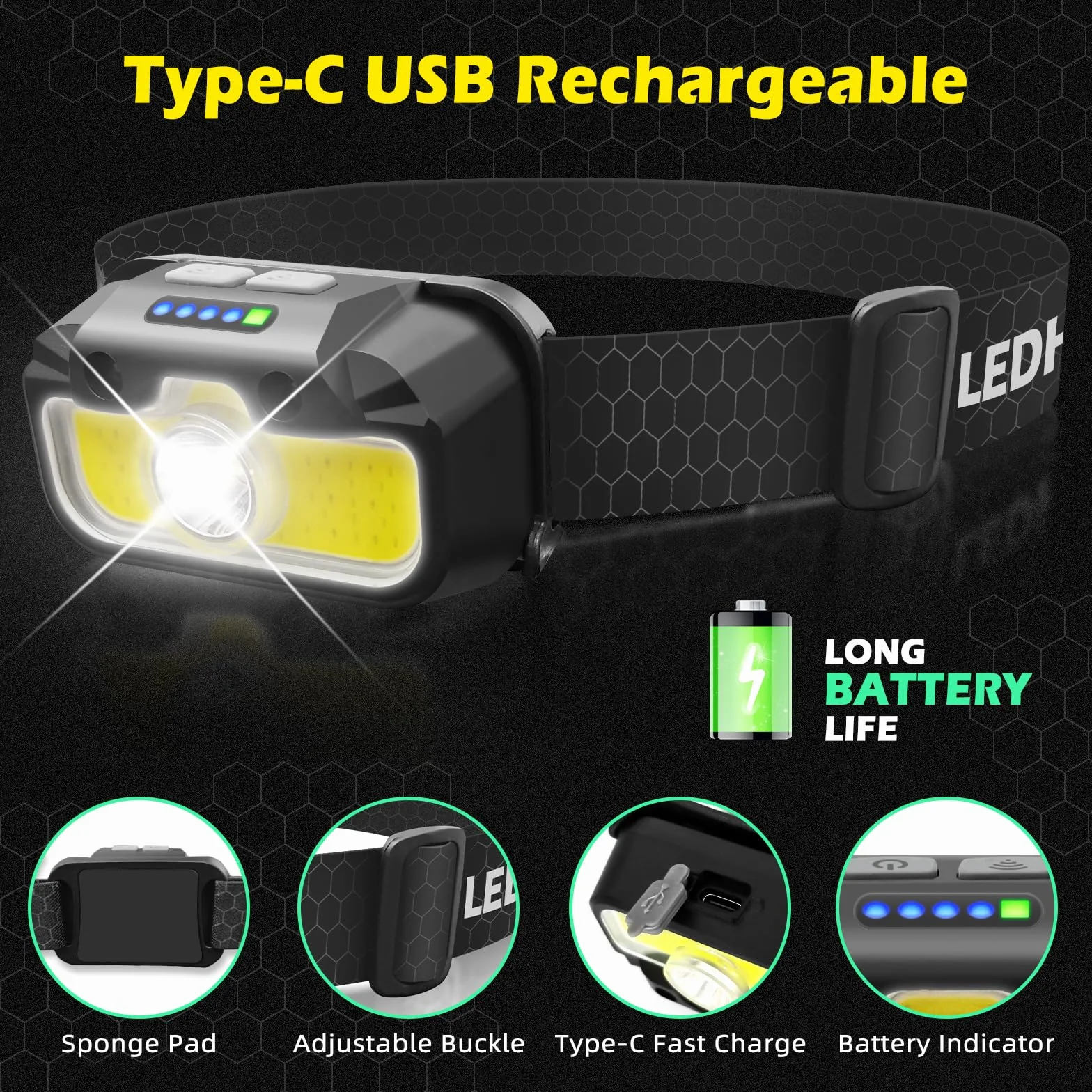 Hyted latarka czołowa LED, ładowana przez USB, funkcja pamięci, czujnik, 2 sztuki, super jasna 2000 lumenów, 14 trybów, wodoodporna IPX5, idealna do biegania, joggingu, wędkowania