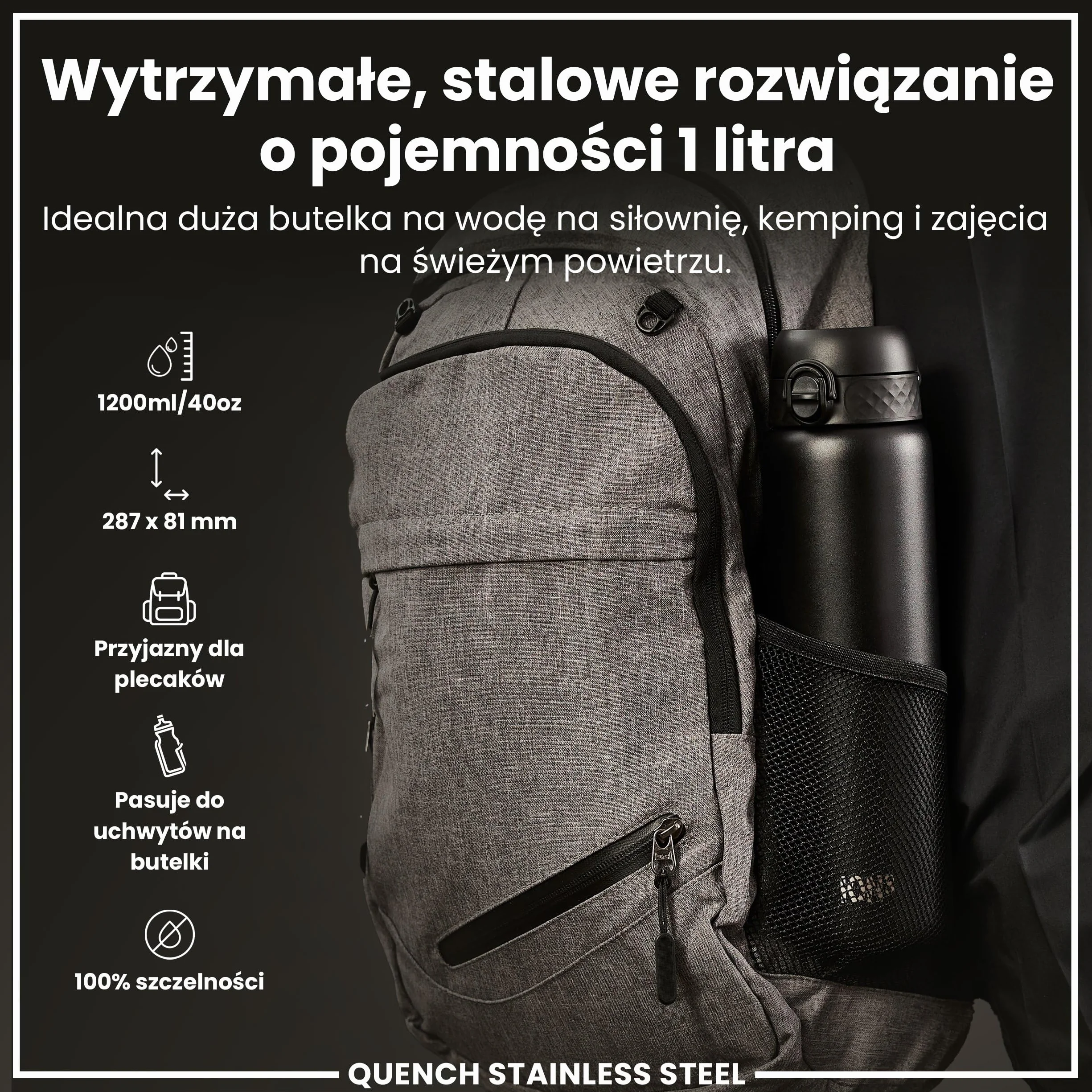 ION8 Butelka na Wodę ze Lekki Stali, 1 Litra, Nieocieplany, Szczelna, Łatwa do Otwarcia, Bezpieczne Zamykanie, Uchwyt do Noszenia, Możliwość Mycia w Zmywarce, Trwałe, Czarny