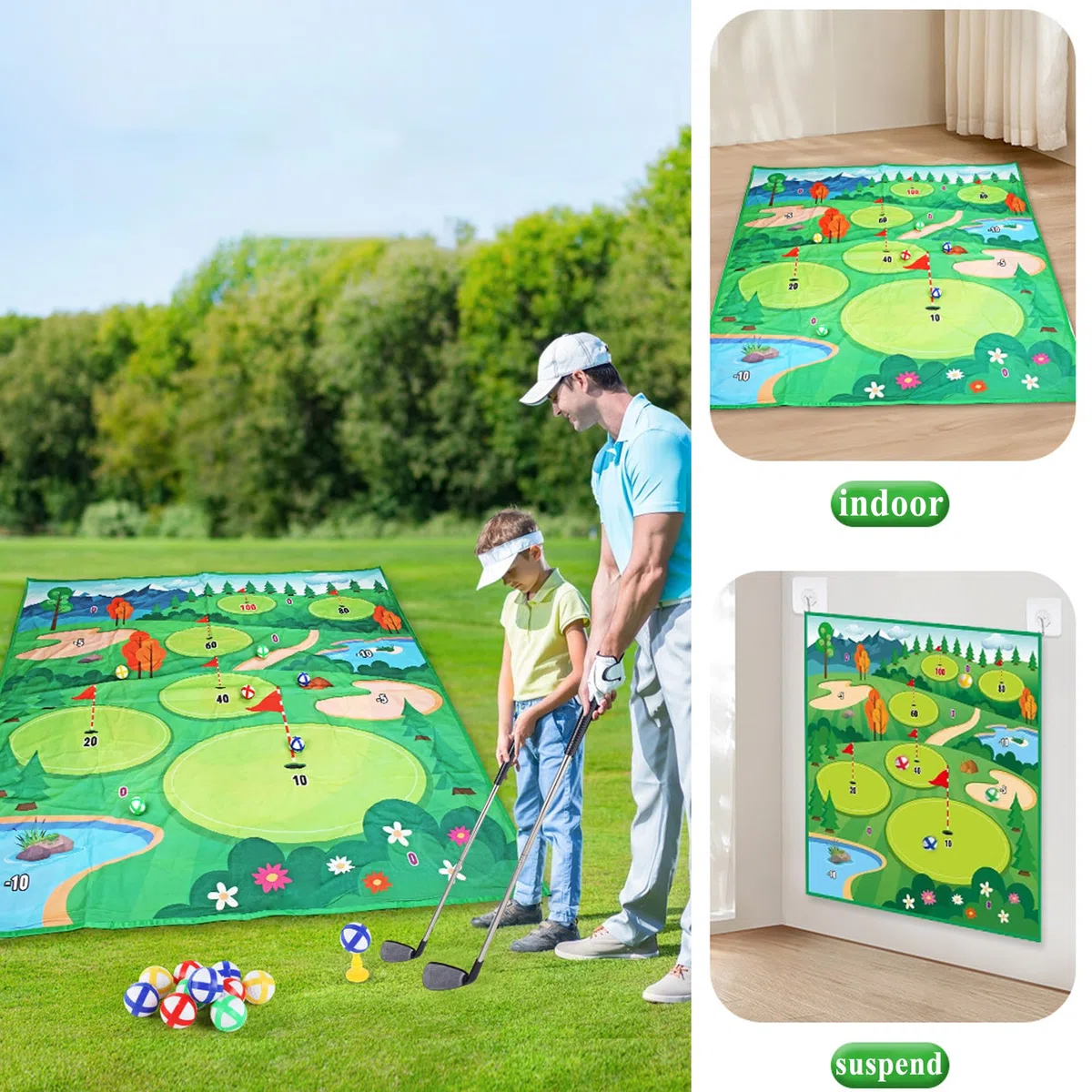 Dwustronny Zestaw Golfowy, Golf Chipping Game Mat z Kijem, Golf Hitting Mat z 20 Kulkami, Sprzęt Do Zabawy Stick Chip Golfs Set Backyard Game, Zestaw Golfowy Dla Dzieci, Sporty Wewnętrzne