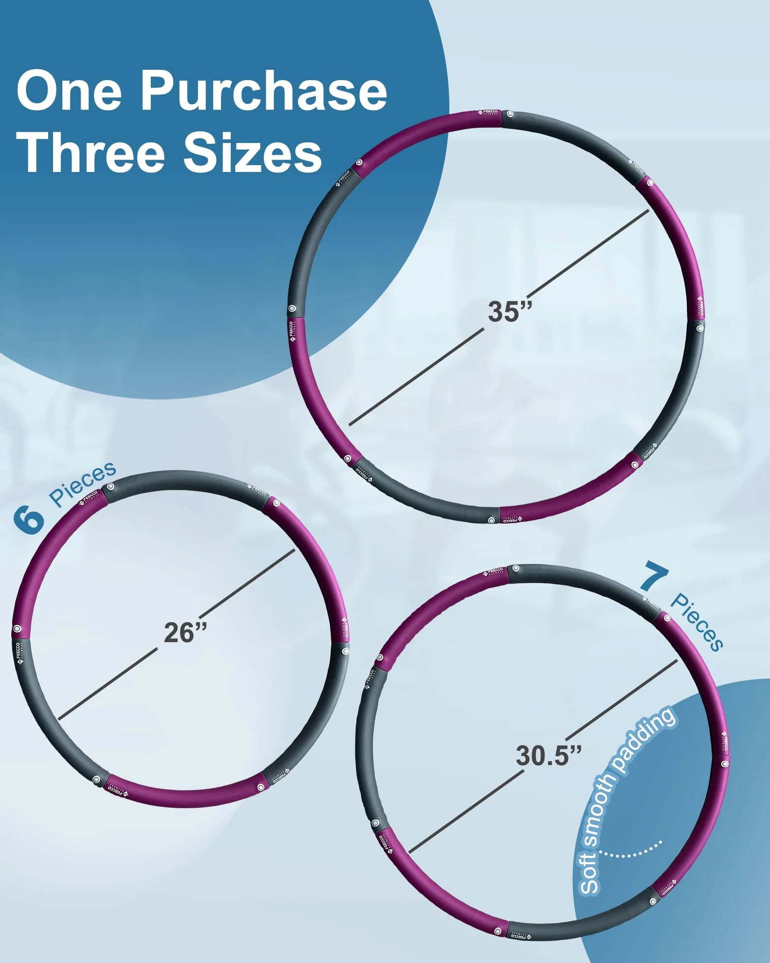 FEECCO Ważona obręcz fitness dla dorosłych, obręcz fitness 1–2,3 kg do odchudzania, 8 odpinanych sekcji, 1 kg, fioletowa/szara