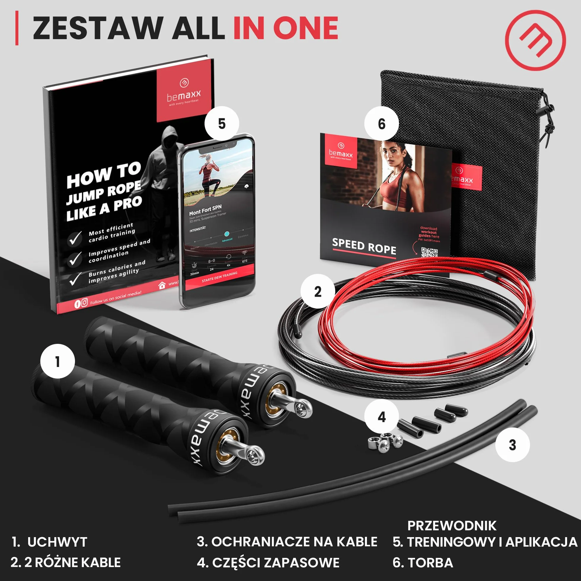 Skakanka Speed Rope z e-Book treningowym, 2 regulowane stalowe liny, profesjonalne łożyska kulkowe antypoślizgowe uchwyty