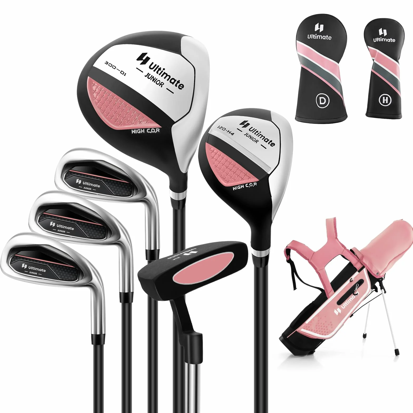 COSTWAY 6-częściowy zestaw kijów golfowych dla dzieci, zestaw kijów golfowych z torbą golfową i osłoną przeciwdeszczową, kompletny zestaw golfowy z żelazkiem 7/9/S, 1 Driver, 4 Hybrid i putter dla