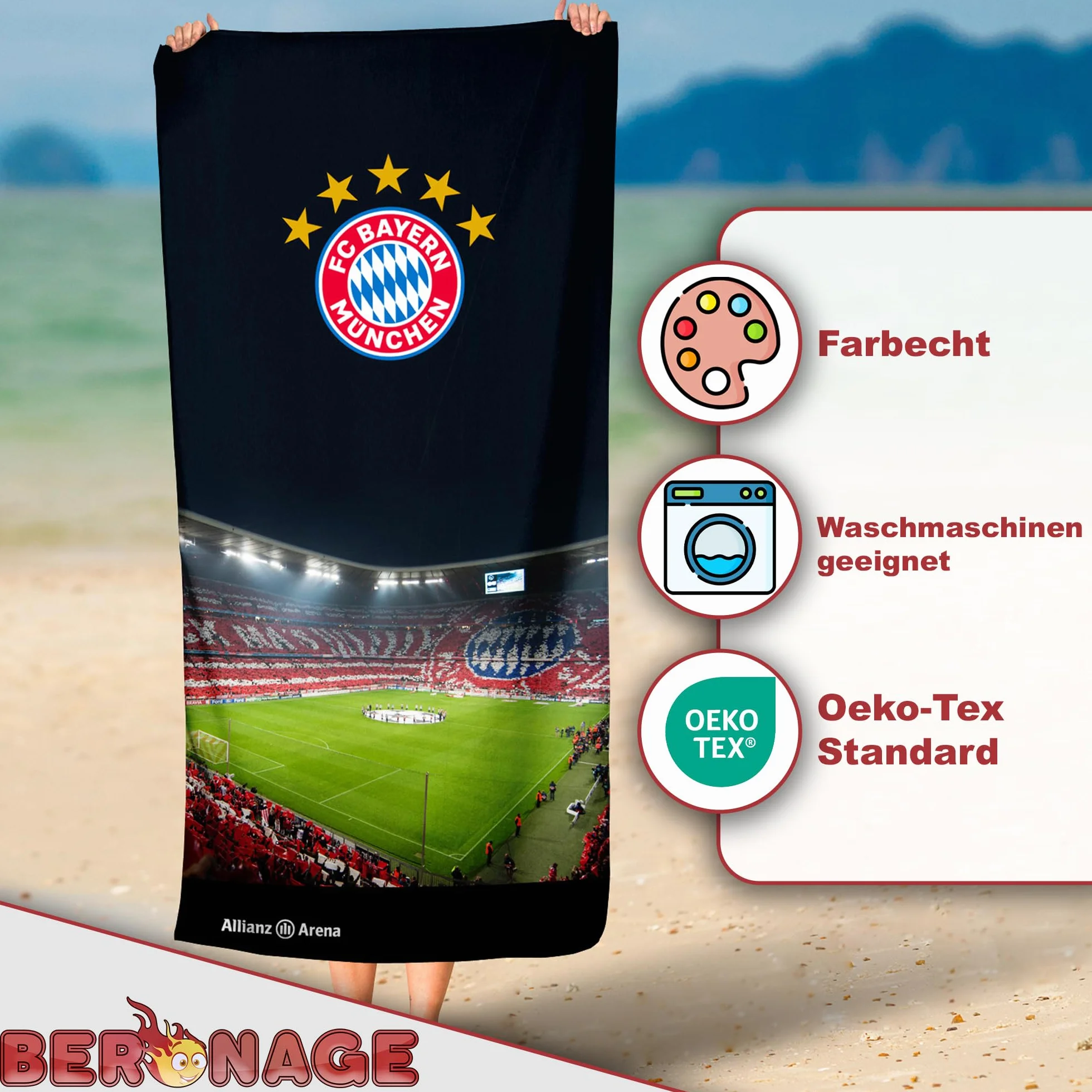 FC Bayern München Ręcznik kąpielowy – Allianz Arena 75 x 150 cm, 100% bawełna – Mia san Mia, rekordowy mistrz, piłka nożna, ręcznik plażowy dla prawdziwych fanów FCB, idealny artykuł dla fanów na