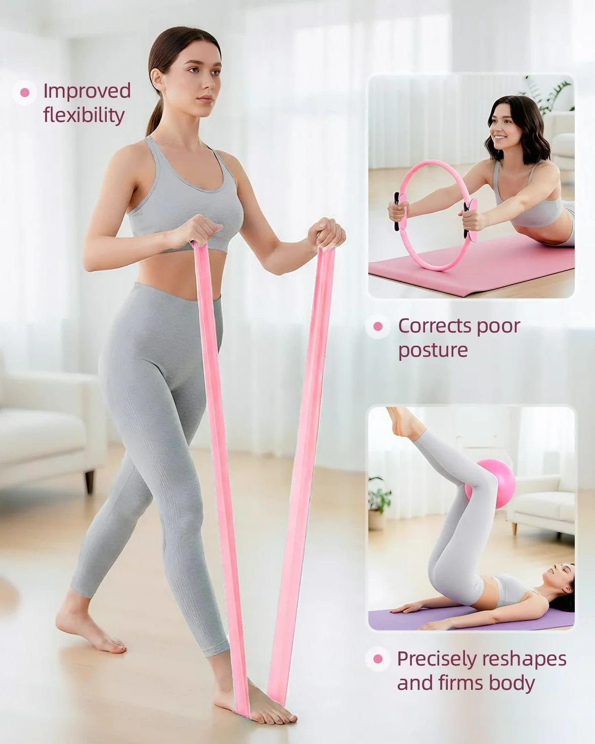 Abahub Zestaw do pilatesu z pierścieniem 35 cm, mini piłka 25 cm, paski do rozciągania, sprzęt do pilatesu domowego