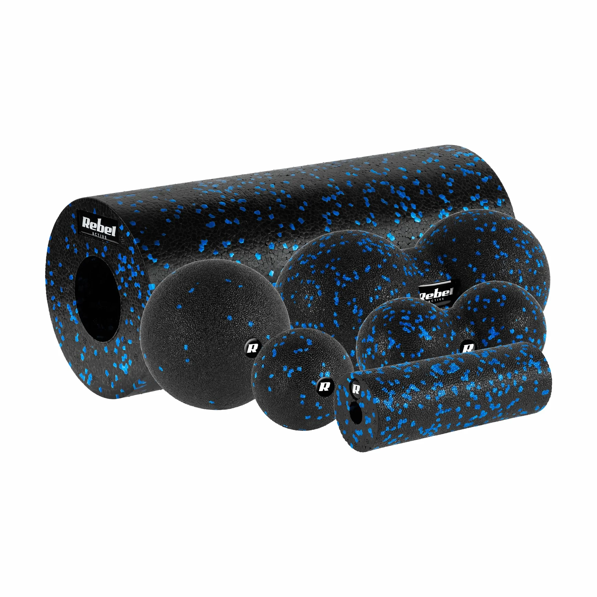 Rebel Zestaw Wałek do Masażu – Roller, Mini Roller, 2 Piłki, 2 Duoball-e Kolor Czarno-niebieski Materiał EPP RBA-3054-S6