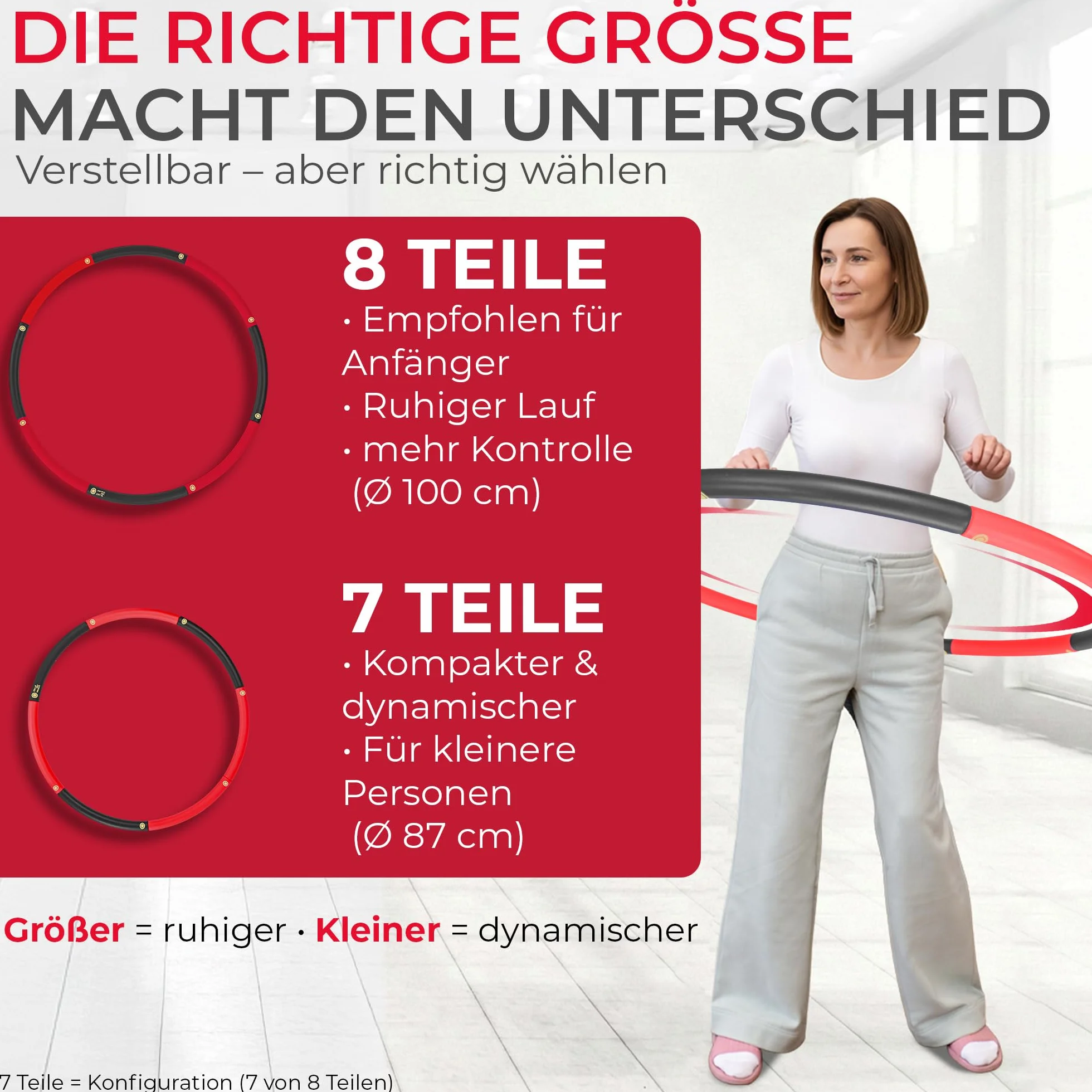 Hula hop dla początkujących, bez fal i wypustek, 1 kg do 1,5 kg, 75-100 cm, 6-8 segmentów, Hullahub Fitness Sport dla dorosłych do odchudzania