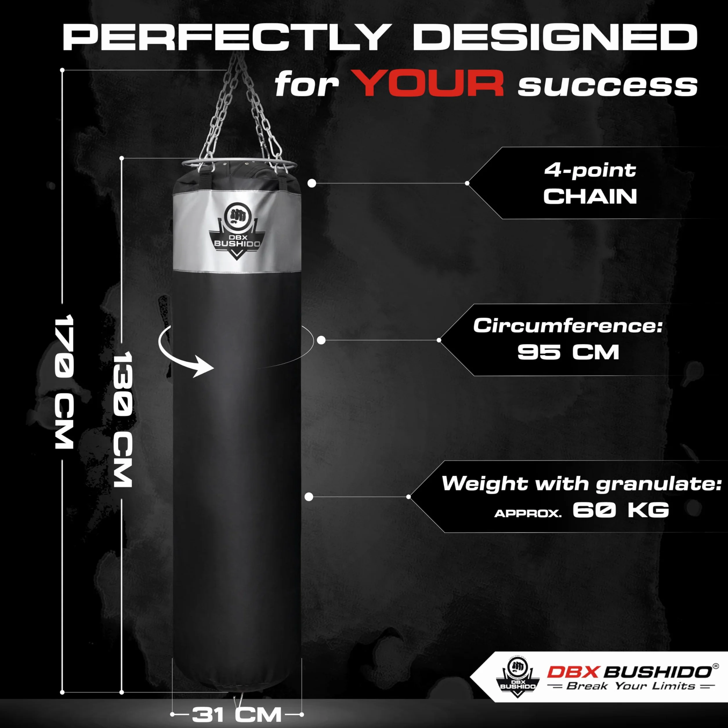 DBX BUSHIDO SPORT Worek bokserski wypełniony granulatem gumowym 130 cm – worek bokserski 60 kg – boks treningowy do uprawiania sportu i kickboxingu – Punching Bag