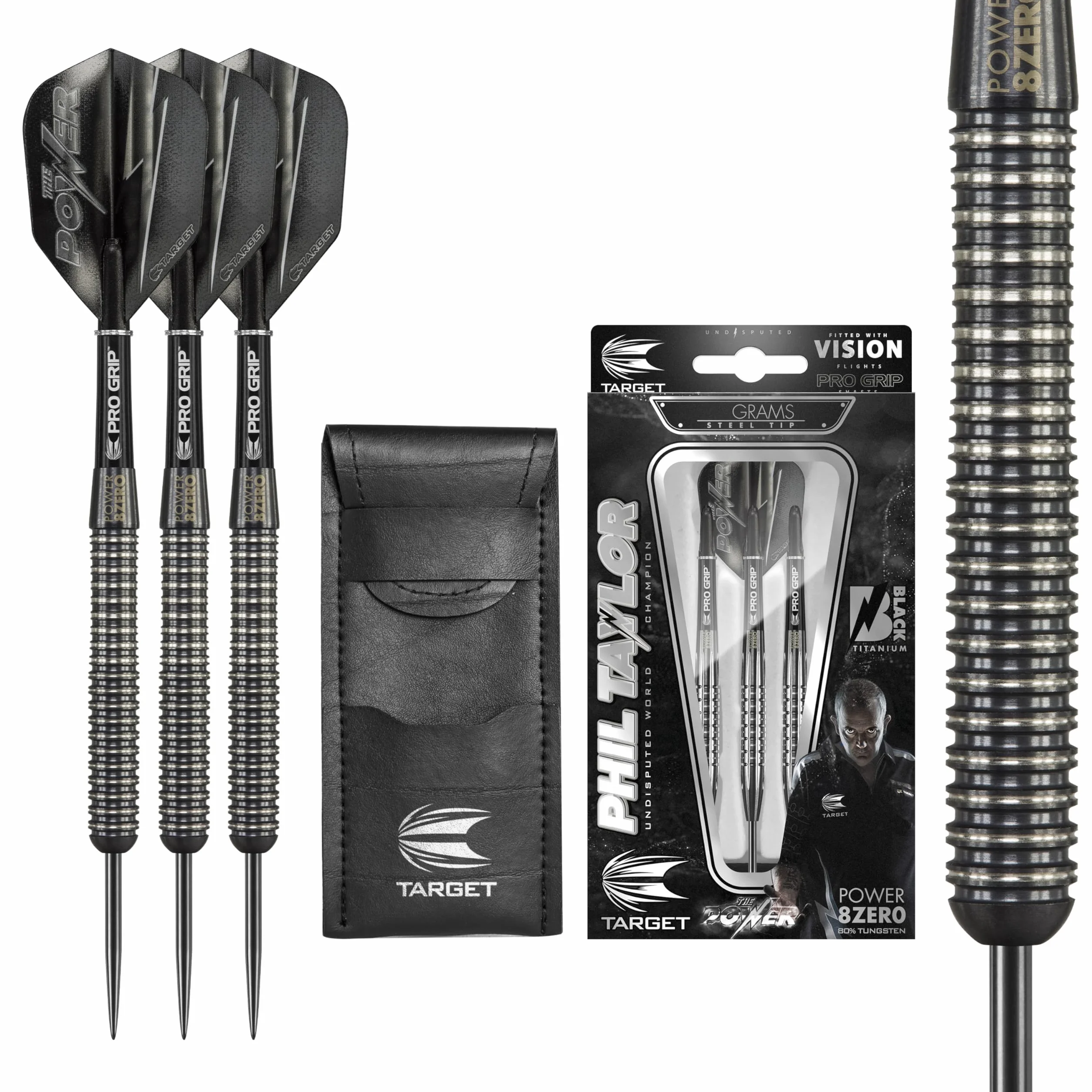 Target Darts Phil Taylor Power 8-Zero 1 Black Steel Tip Darts, 80% Tungsten Dart Set, P8Z1, 21G/23G/25G | Player Edition Darts with Fixed Points | Black Darts Case Included