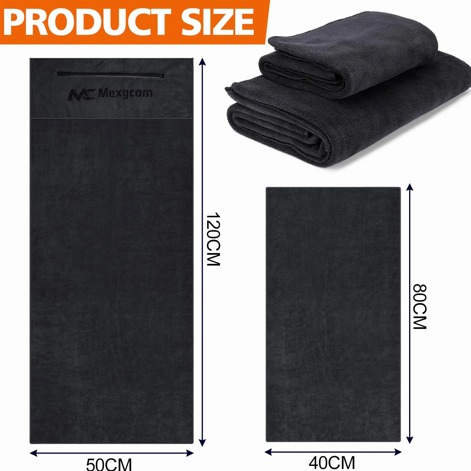 Zestaw 2 ręczników fitness, 120 x 50 cm, ręcznik sportowy z kieszenią na zamek błyskawiczny + 80 x 40 cm, mały ręcznik z mikrofibry do jogi, treningu, sportu, na zewnątrz (czarny)