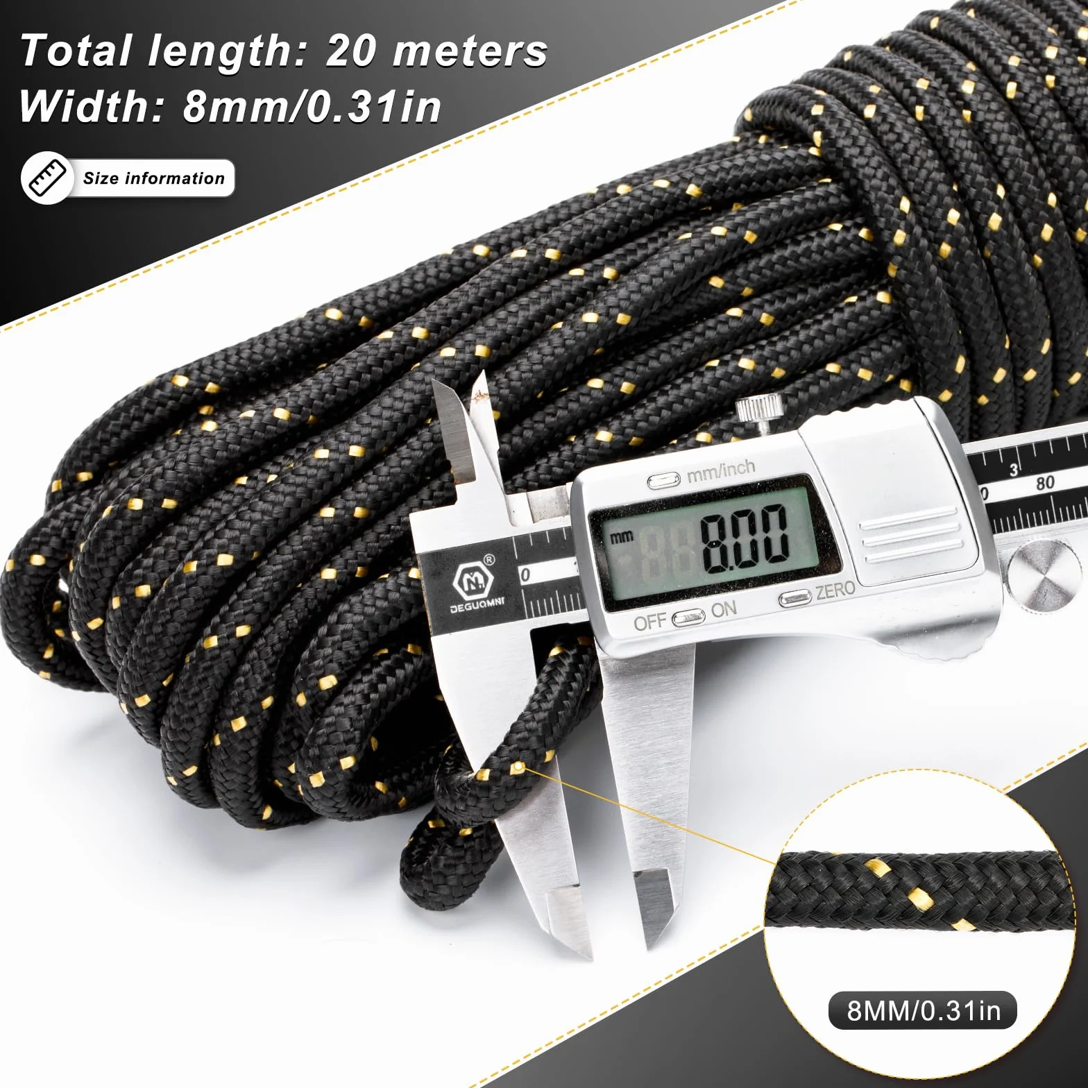 KINGLAKE Lina nylonowa 20 m 8 mm czarny paracord do wiązania survivalu ogrodnictwa