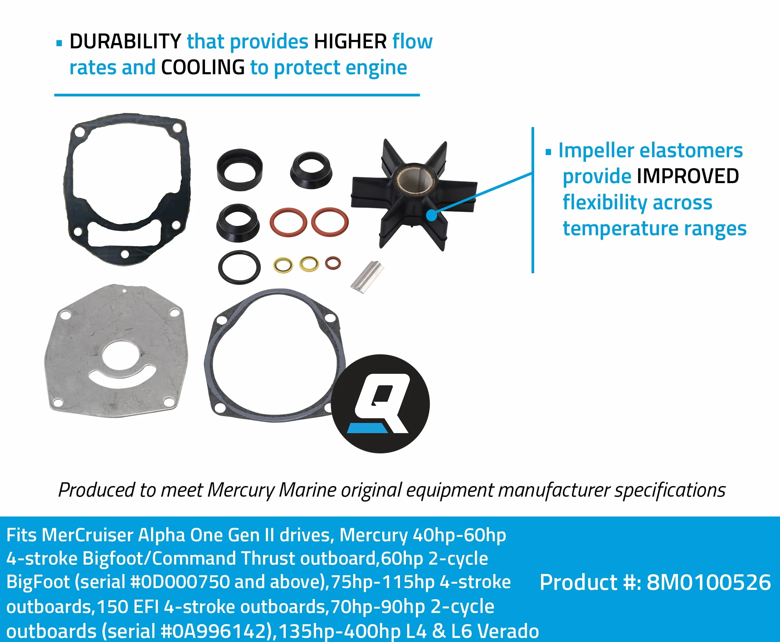 Quicksilver by Mercury Marine 8M0100526 Water Pump Repair Kit for Mercury or Mariner Outboards and MerCruiser Sterndrives