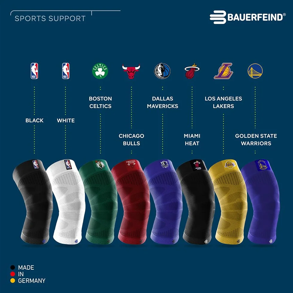 BAUERFEIND Opaska na kolano „Sports Compression Knee Support NBA“, 1 unisexowa opaska na kolano do sportów piłkarskich, opaska na kolano do koszykówki z logo zespołu