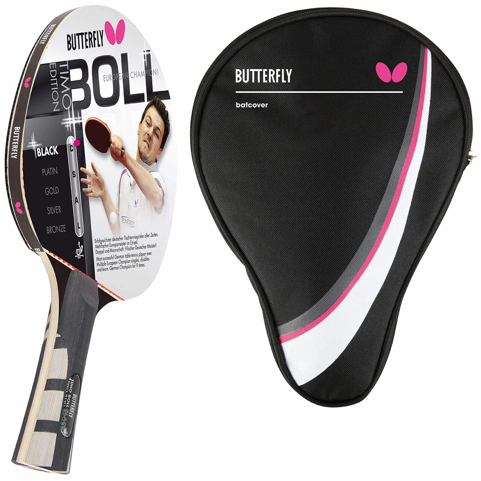 Butterfly® Timo Boll Platinum 85025 rakieta do tenisa stołowego, rakieta do tenisa stołowego, dla zaawansowanych graczy, z certyfikatem ITTF Pan Asia, anatomiczny kształt uchwytu