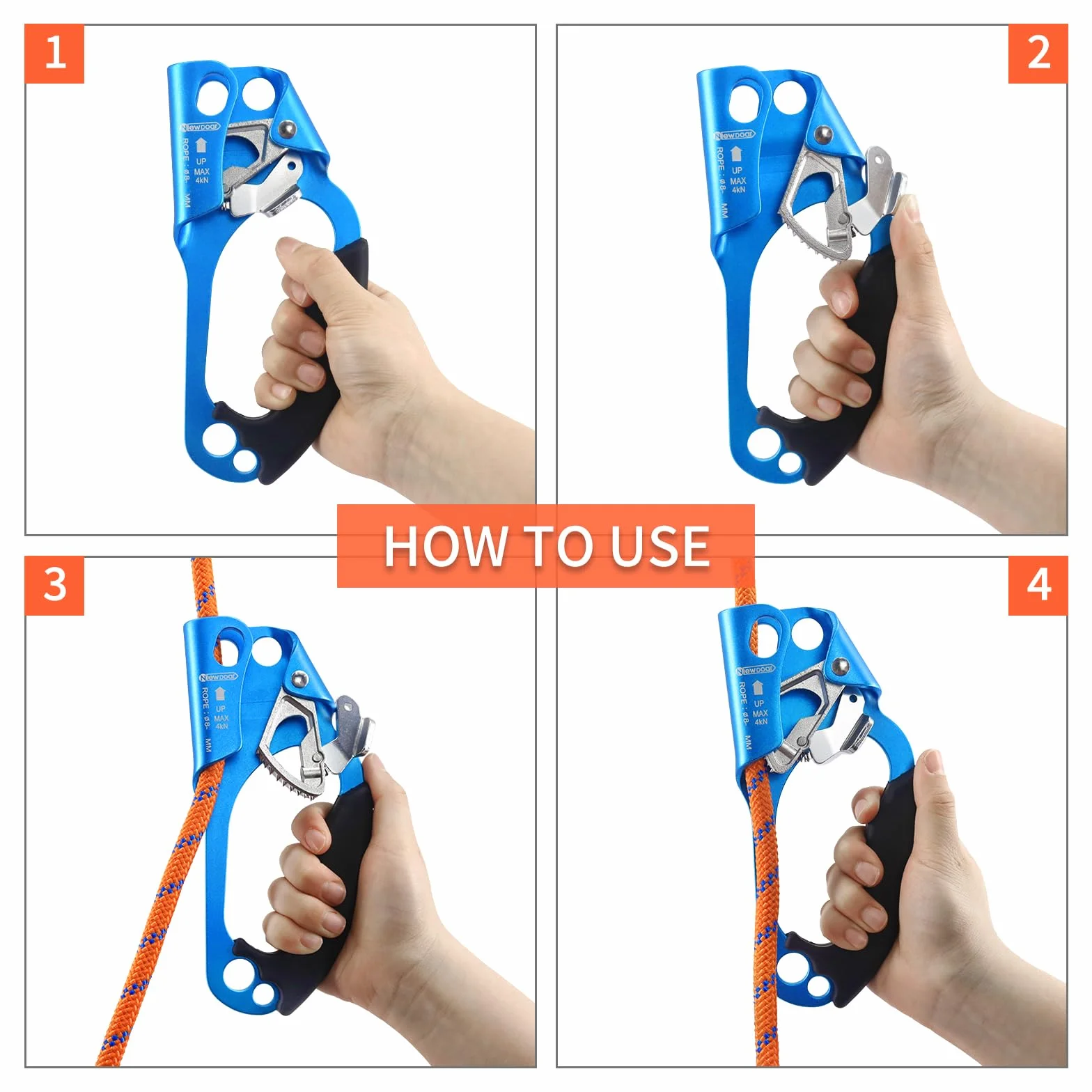 NewDoar Hand Ascender Rock Climbing Tree Arborist Rappel Gear Equipo Abrazadera de cuerda para cuerda de 8 ~ 12MM