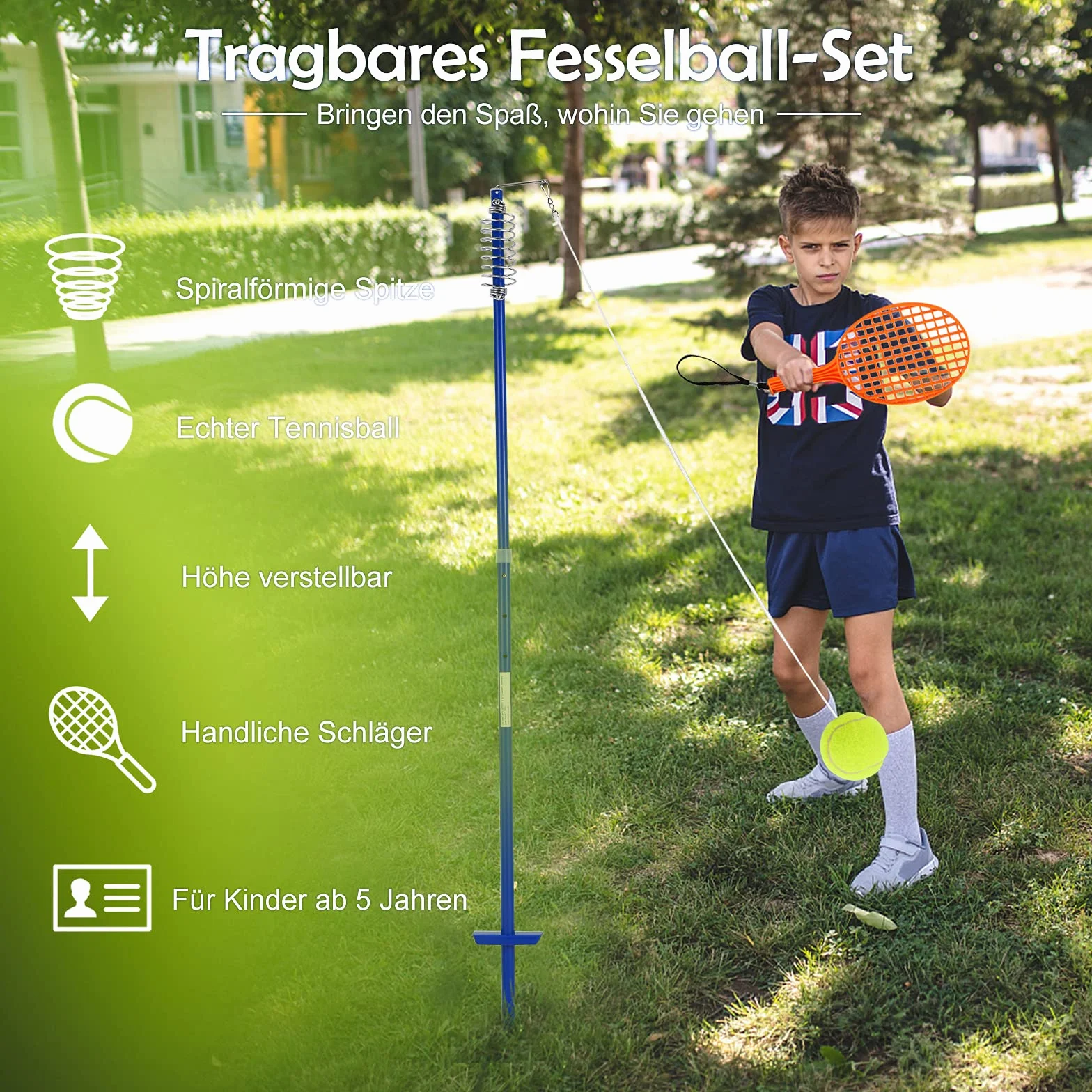 COSTWAY 3-stopniowy zestaw Tetherball z regulacją wysokości, zestaw z piłką i 2 rakietkami, 120 cm, piłka tenisowa na sznurku, gra tenisowa dla solo i zespołu
