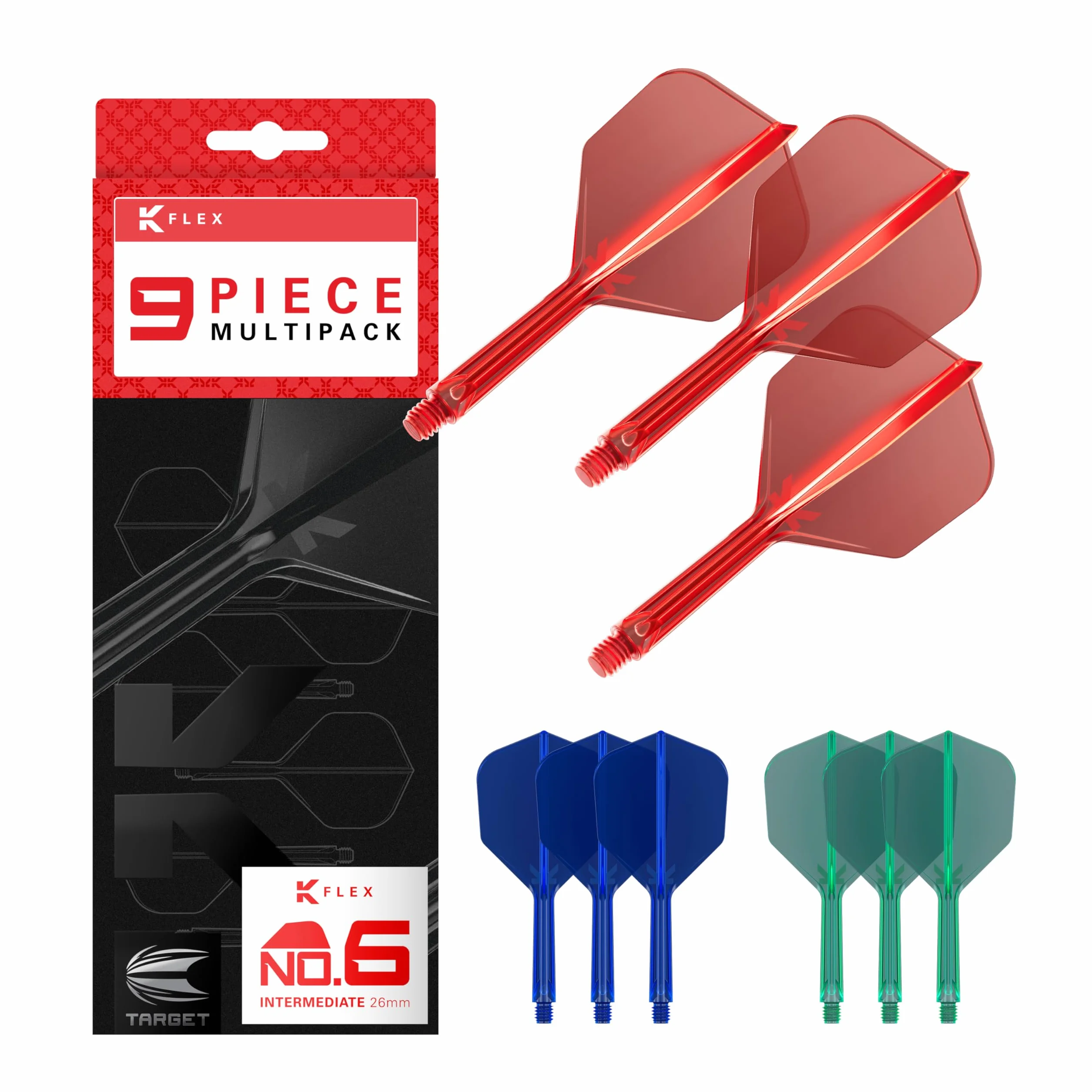 TARGET Darts K-Flex Integrated Dart Flights and Shafts, No.6, Kflex 9 Pack Bundle | Czarny, Biały, Przezroczysty, Czerwony, Zielony, Niebieski, Różowy, Pomarańczowy, Żółty | Krótki, Pośredni, Średni