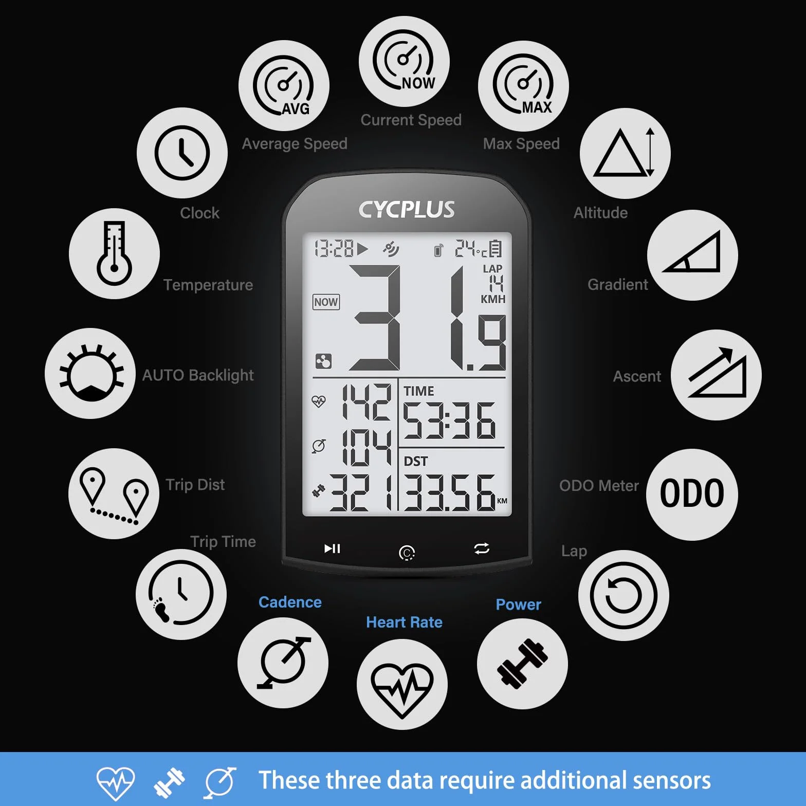 CYCPLUS Bezprzewodowy komputer rowerowy GPS 2,9" LCD ANT+ licznik kilometrów