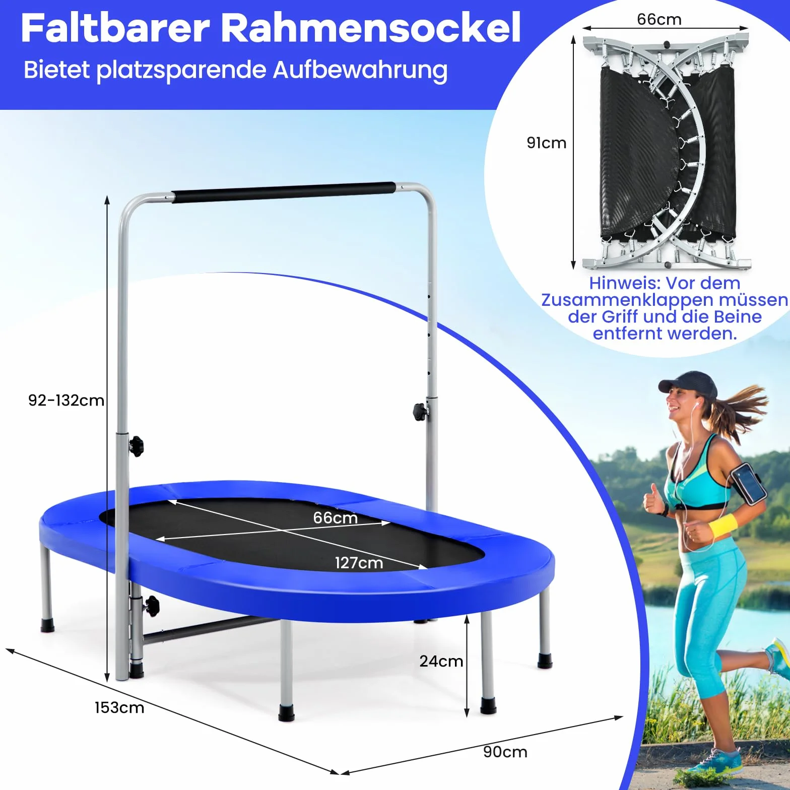 COSTWAY Trampolina dla 2 osób z uchwytem o regulowanej wysokości, obciążająca do 150 kg, składana (niebieska)