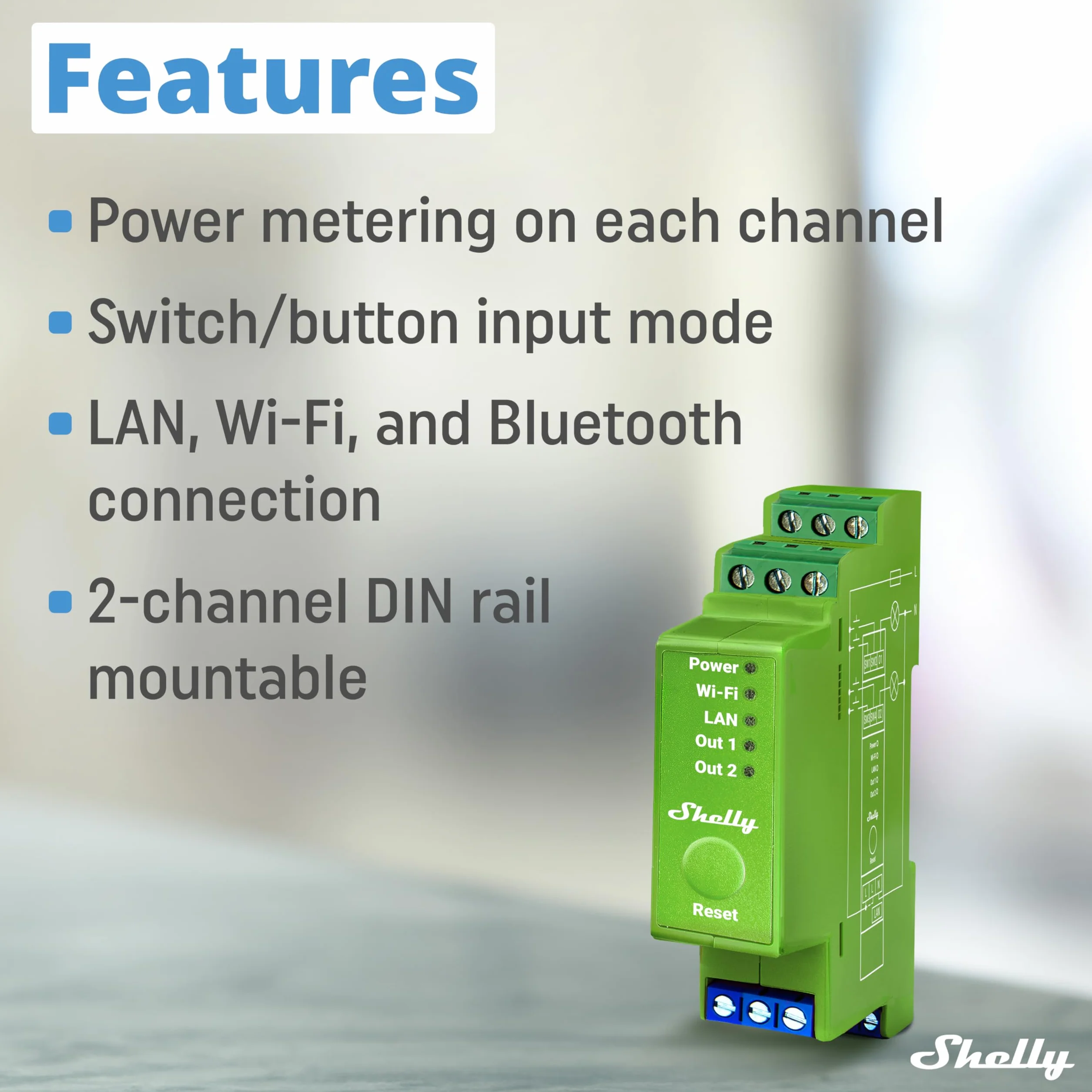 Shelly Pro Dimmer 2PM 2-Kanałowy Inteligentny Ściemniacz Wi-Fi LAN Bluetooth z Pomiarem Mocy Szyna DIN Automatyka Domowa