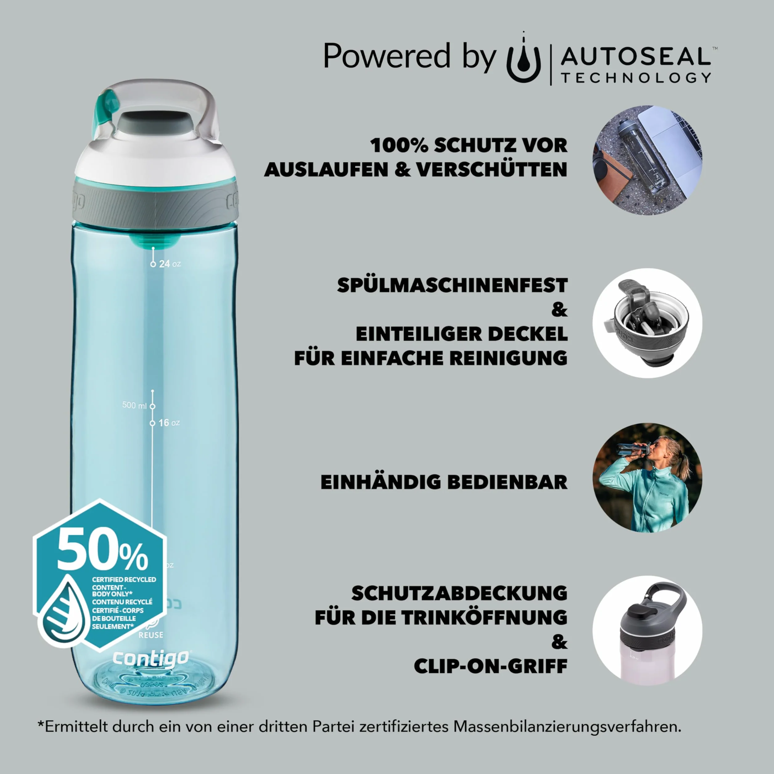 Contigo Cortland Autoseal Butelka na wodę, duża, 720 ml, bez BPA, butelka sportowa, szczelna butelka na napoje, idealna do szkoły, na siłownię, rower, do biegania, wędrówek