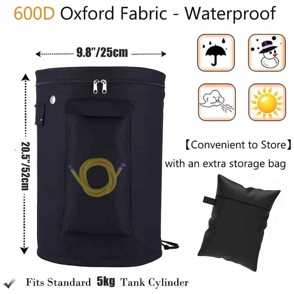 Kovshuiwe Pokrywa zbiornika propanu 5 kg, wytrzymała wodoodporna butelka gazowa pełna pokrywa, anty-UV 600D Oxford osłony zbiornika gazu do butli propanu, średnica 25 cm x wys. 52 cm