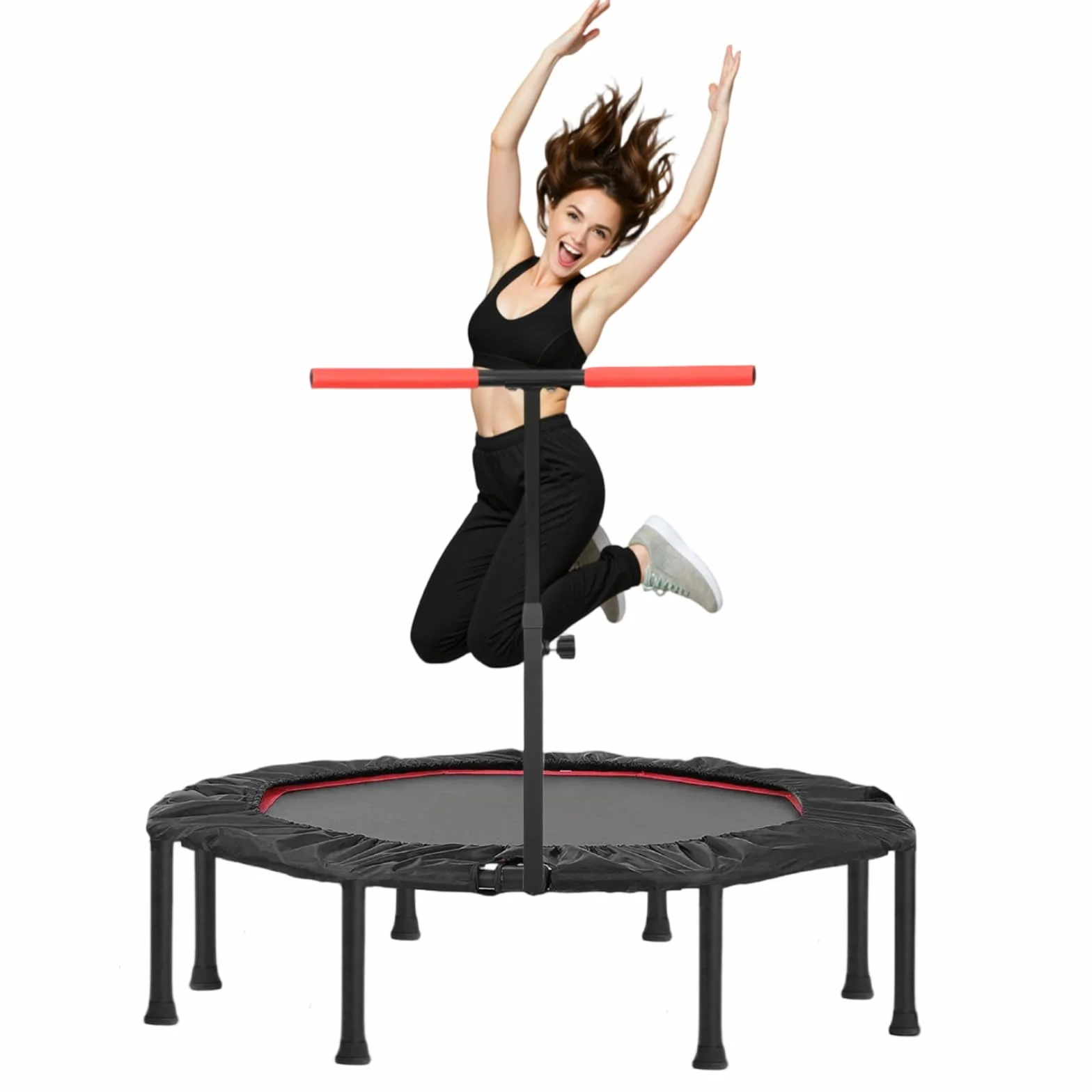 LIFERUN Cicha trampolina fitness, ośmiokątna mini trampolina, Ø 128 cm, do użytku wewnątrz i na zewnątrz, elastyczny sznurek, uchwyty z regulacją wysokości, obciążenie 150 kg, dla dorosłych, do